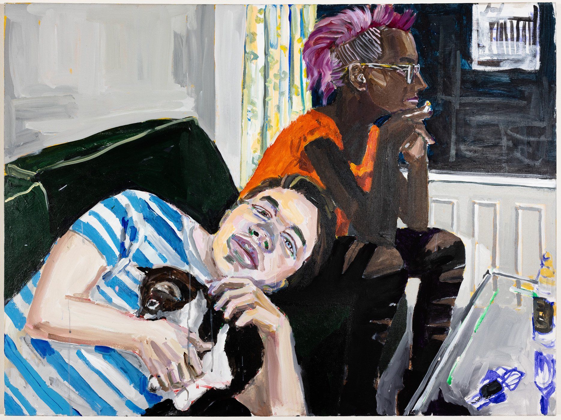 A painting of two people sitting on a couch with a cat.