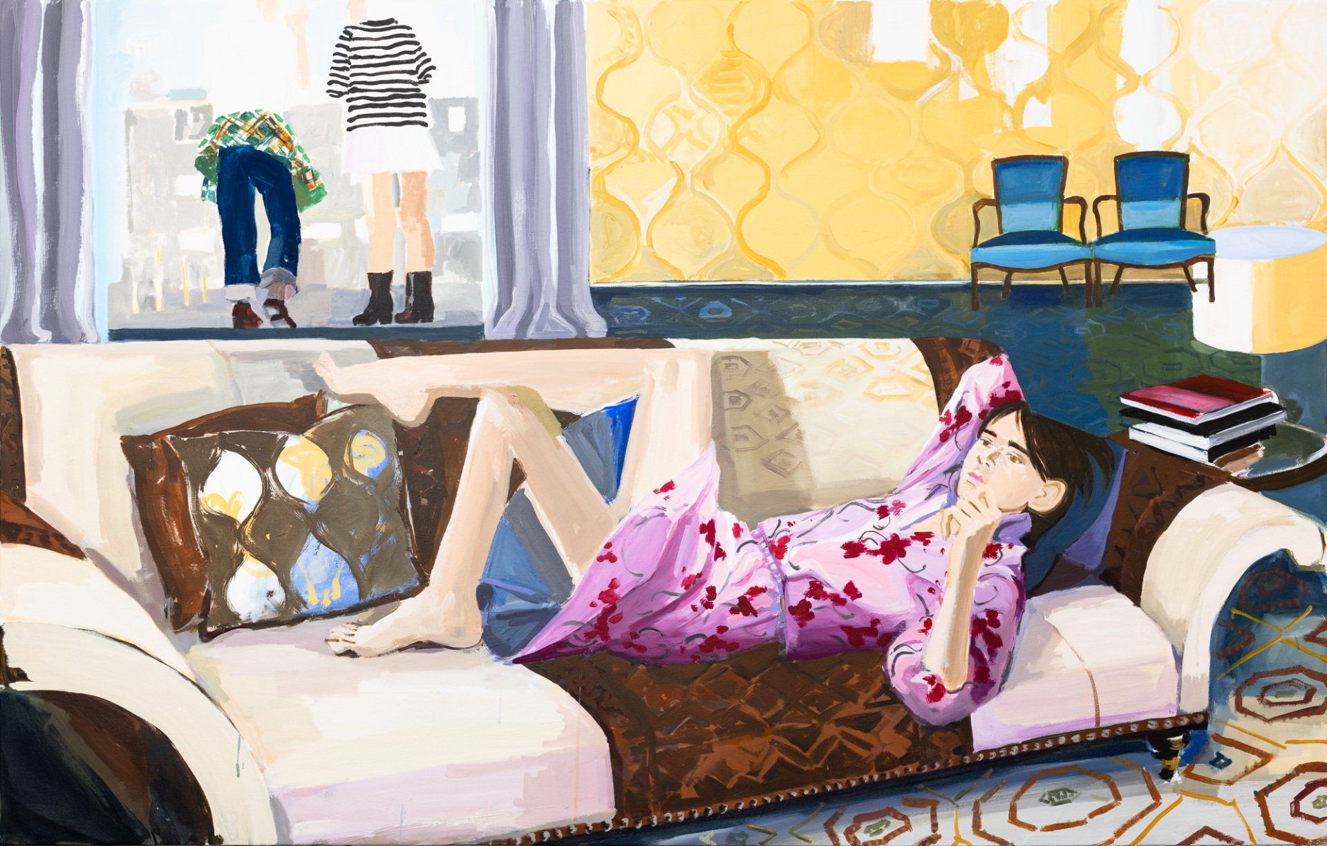 A painting of a woman laying on a couch in a living room