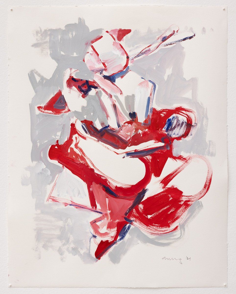 A red and white painting on a white background