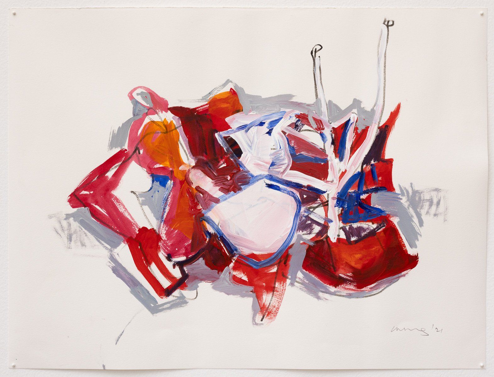 A painting of a red white and blue object on a white background