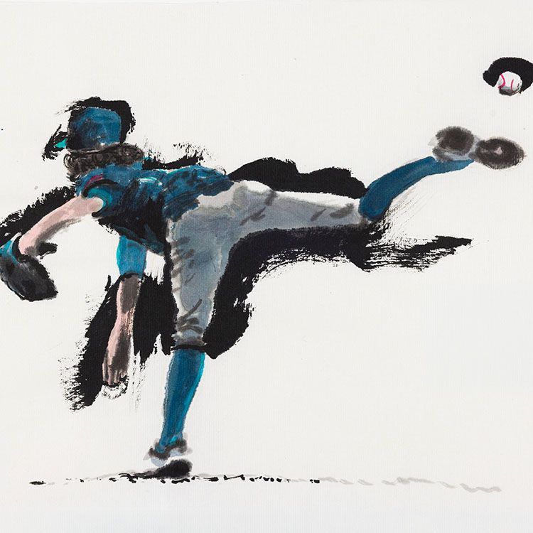 A pitcher throws a baseball, drawing by John Collins 
