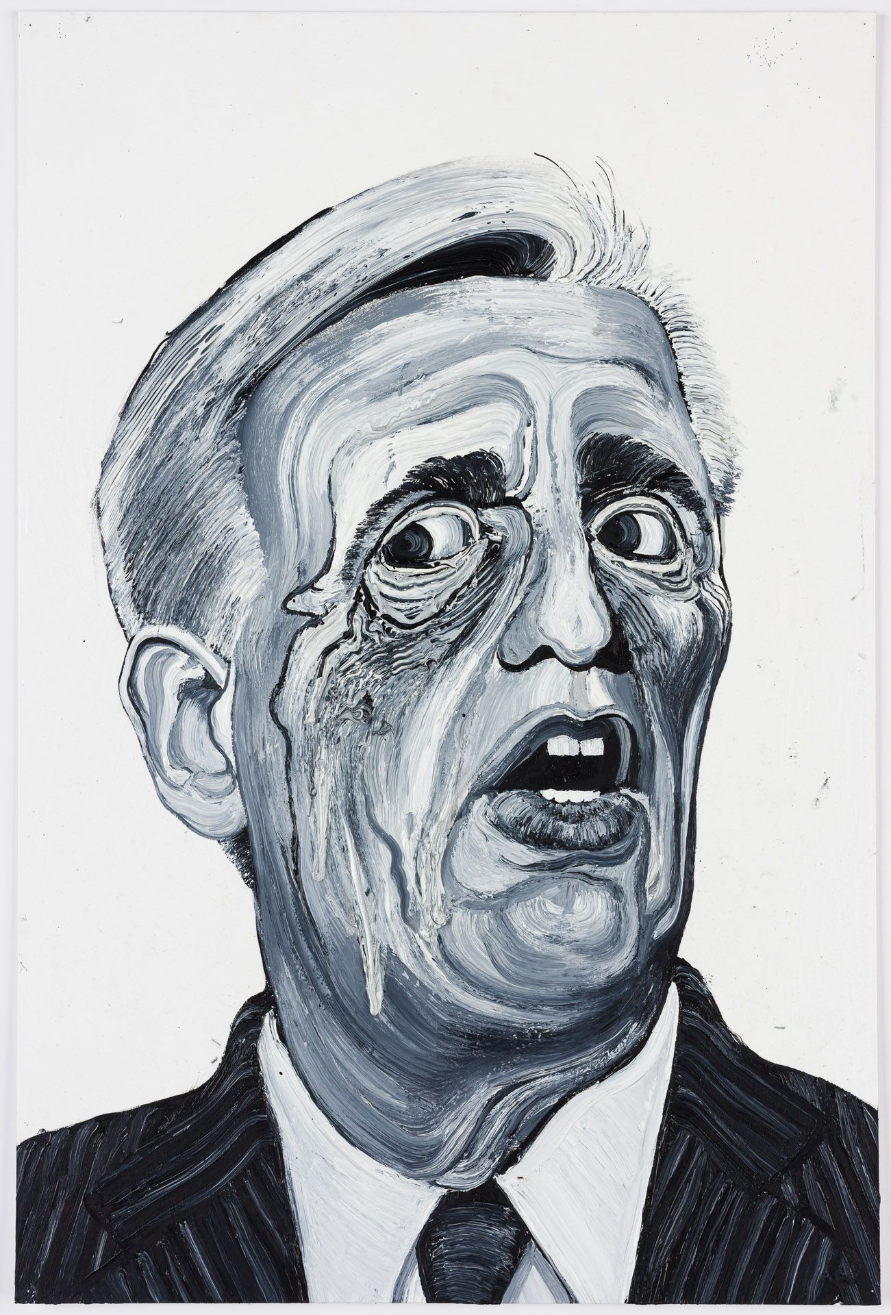 A black and white painting of a man in a suit and tie