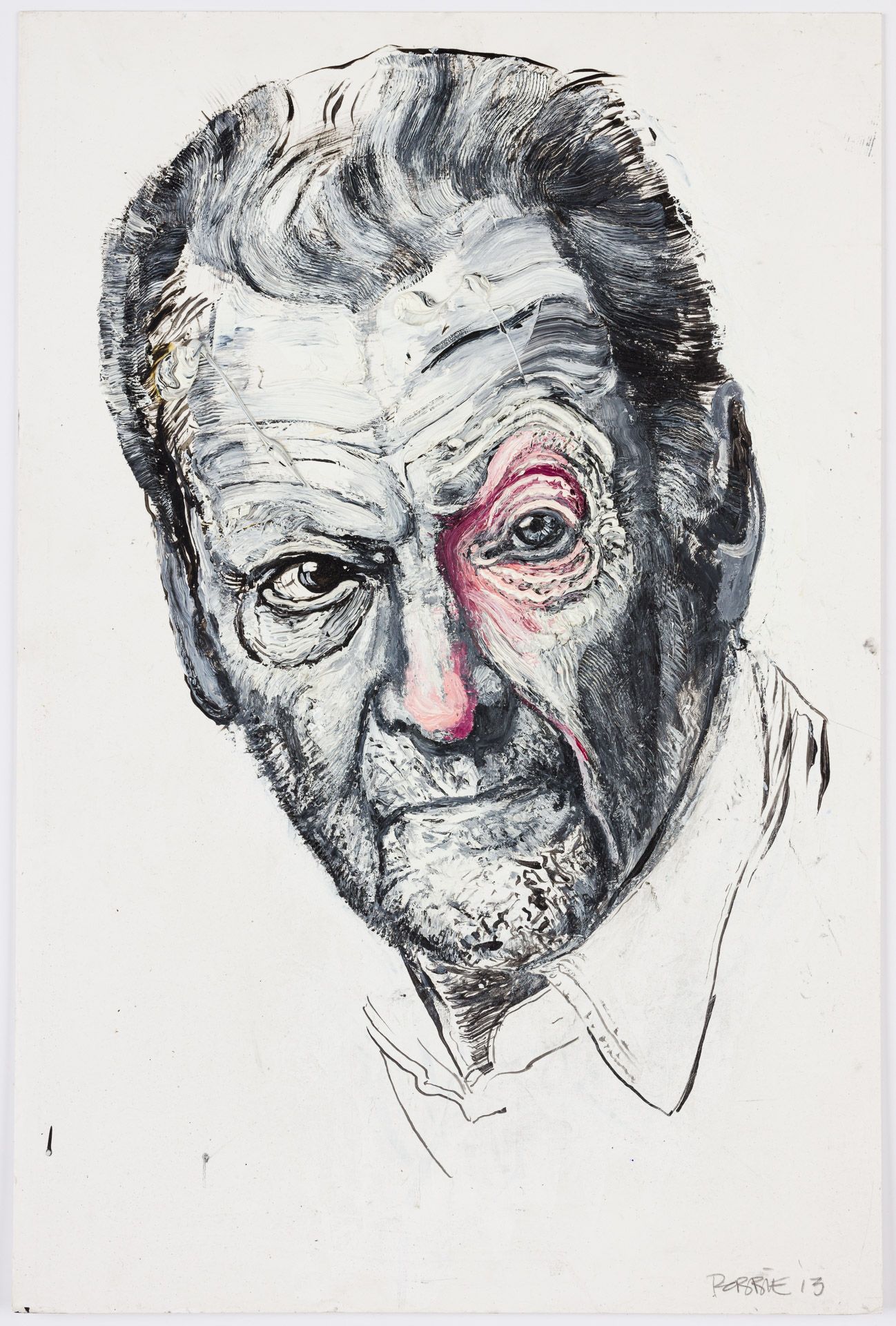 A black and white painting of an older man with a red eye.
