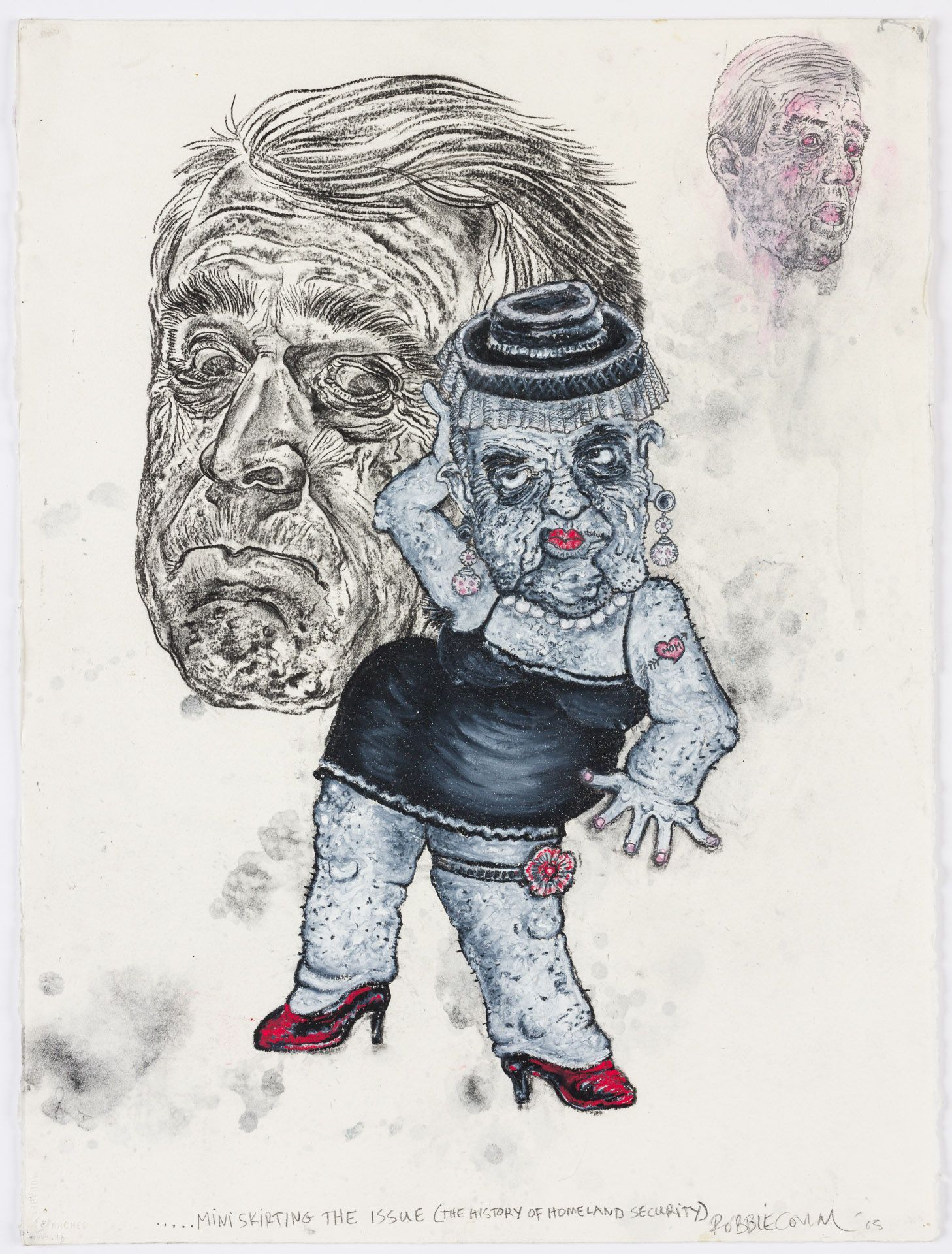 A drawing of a woman standing in front of a man 's head