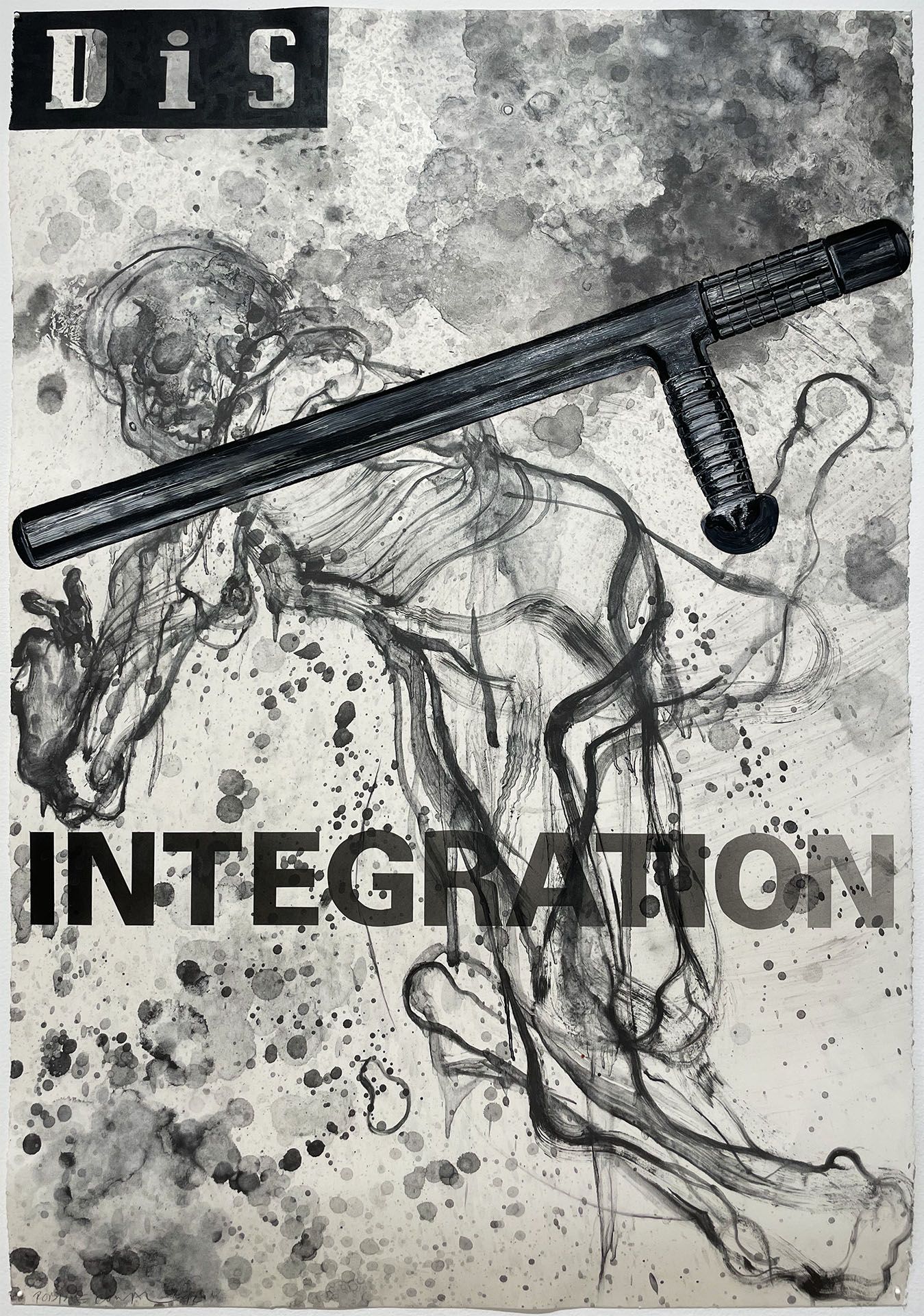 A black and white drawing of a man holding a baton with the words dis integration on the bottom