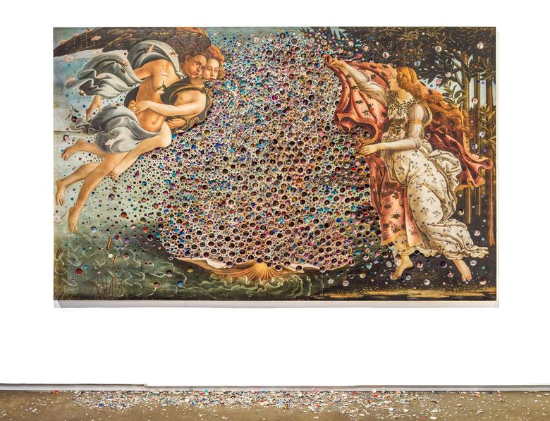 Image of a baroque painting printed on paper with many holes punched into it.