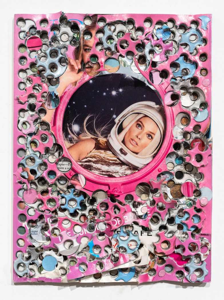 Image of a baroque painting printed on paper with many holes punched into it.