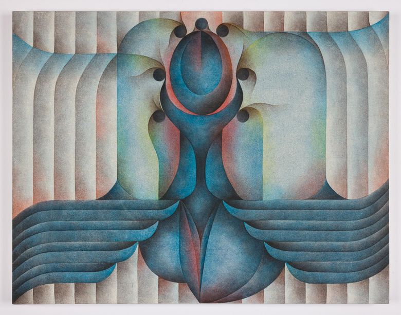 Blue biomorphic painting with columns, wings, and eyes.