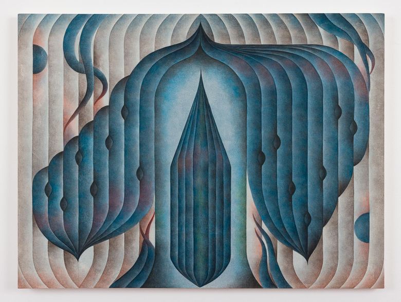 Roberta Gentry painting with blue colonnades and diamond shape