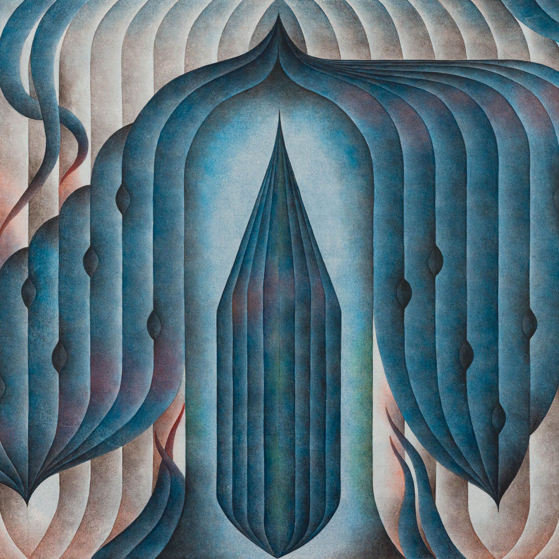 Detail of Roberta Gentry painting with blue colonnades and a diamond shape in the middle. 