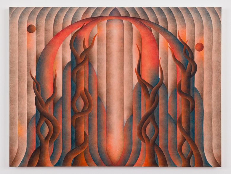 Roberta Gentry, The Rose Lattice, 2026. A painting of four twisted brown vines beneath a red arch on peach vertical stripes. 36 x 48 inches. Track 16 Gallery, Los Angeles.