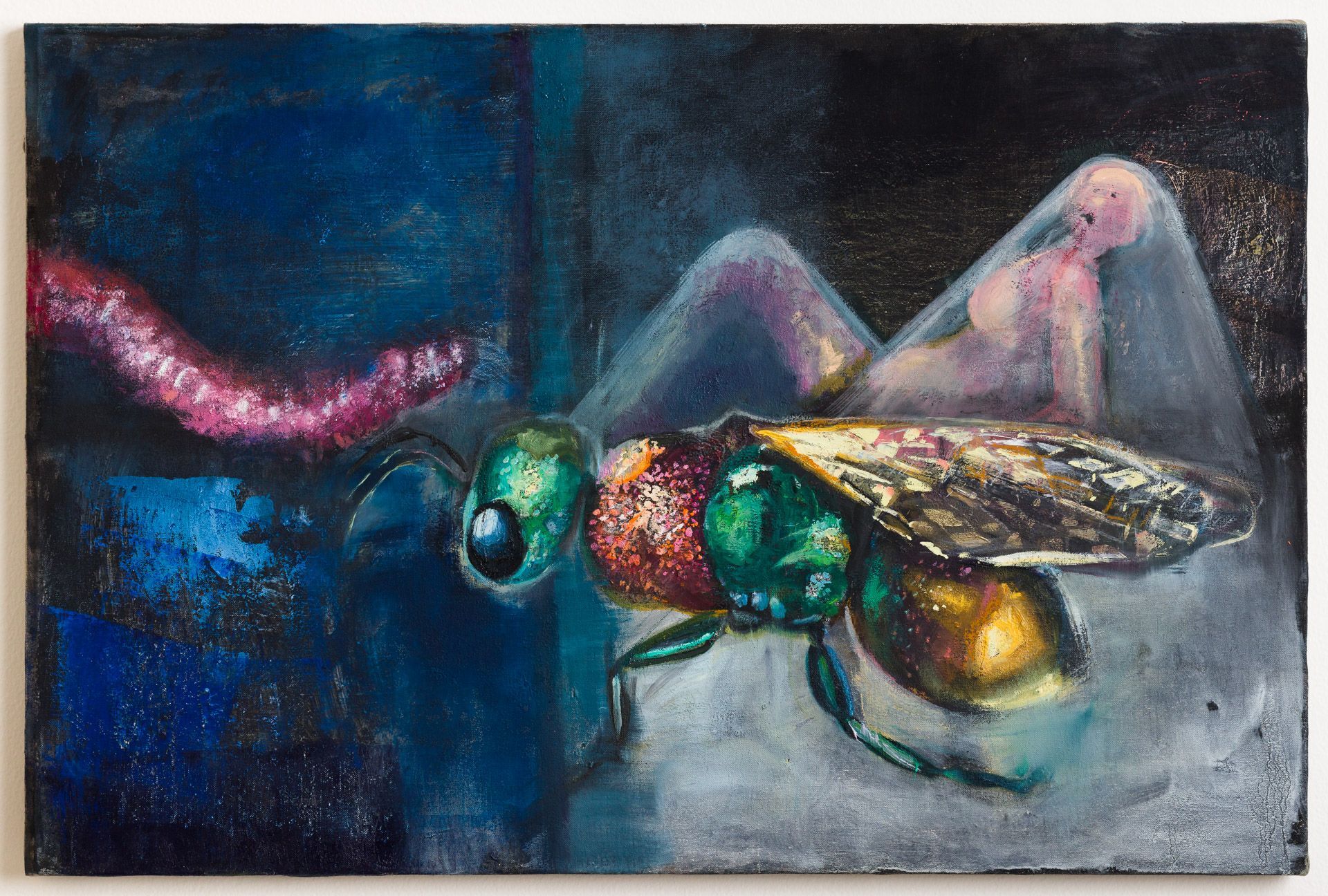 A painting of a bee with a woman behind it.