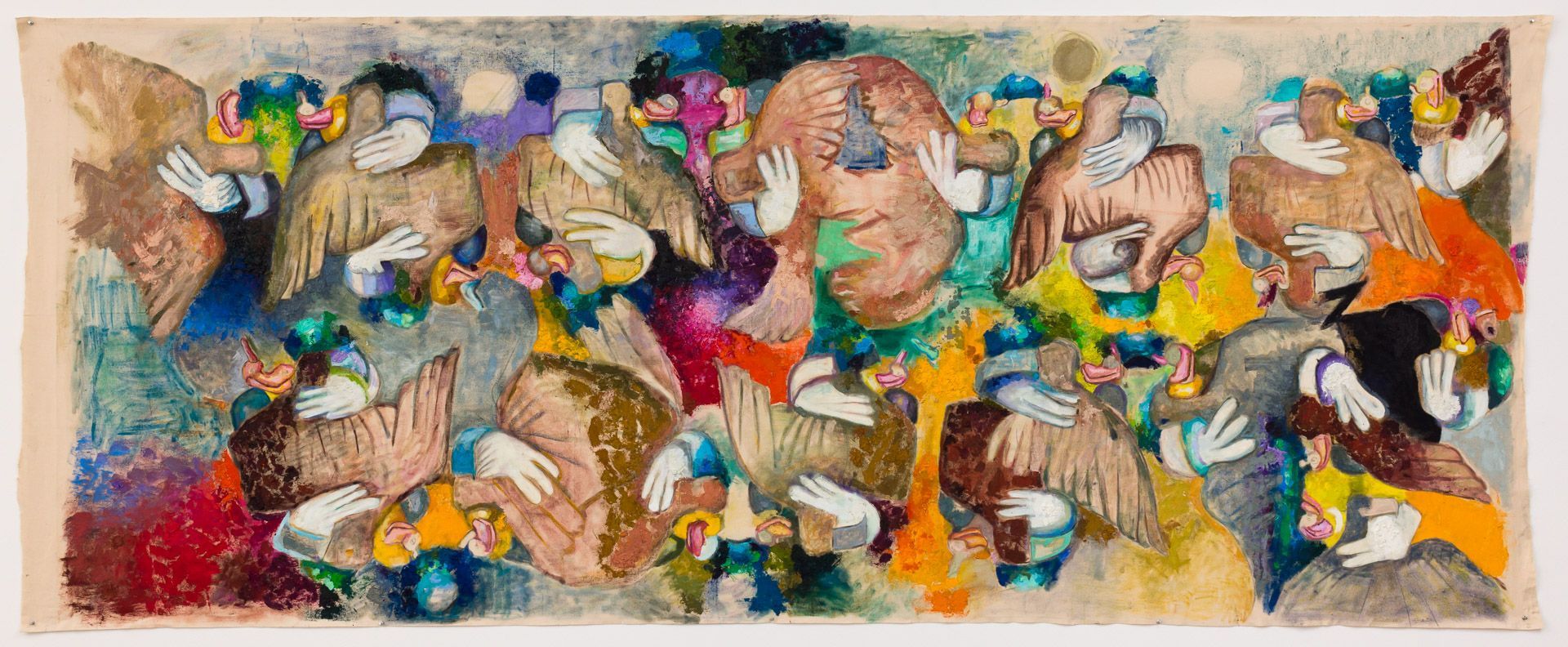 A colorful painting of a group of people standing next to each other.