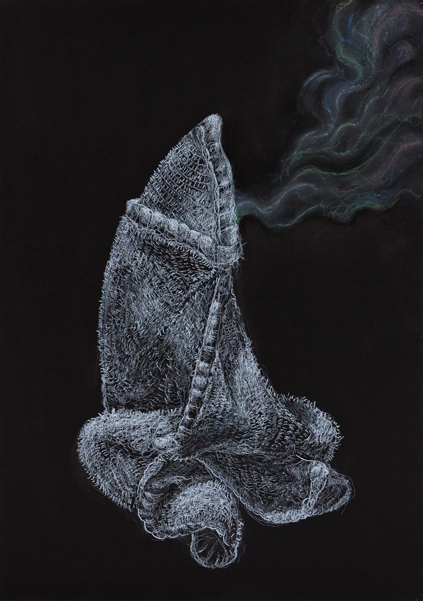 A black and white painting of a statue with smoke coming out of it.