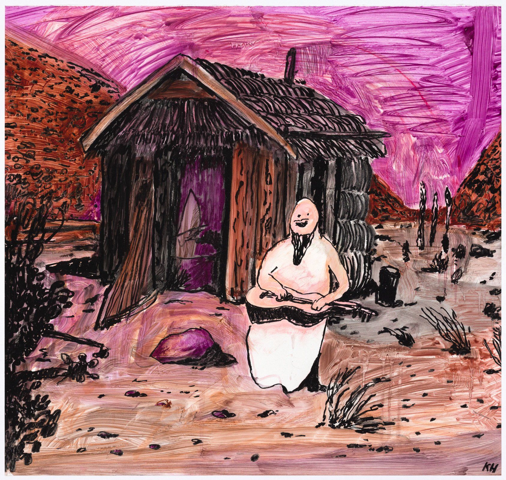 A painting of a man playing a guitar in front of an outhouse.
