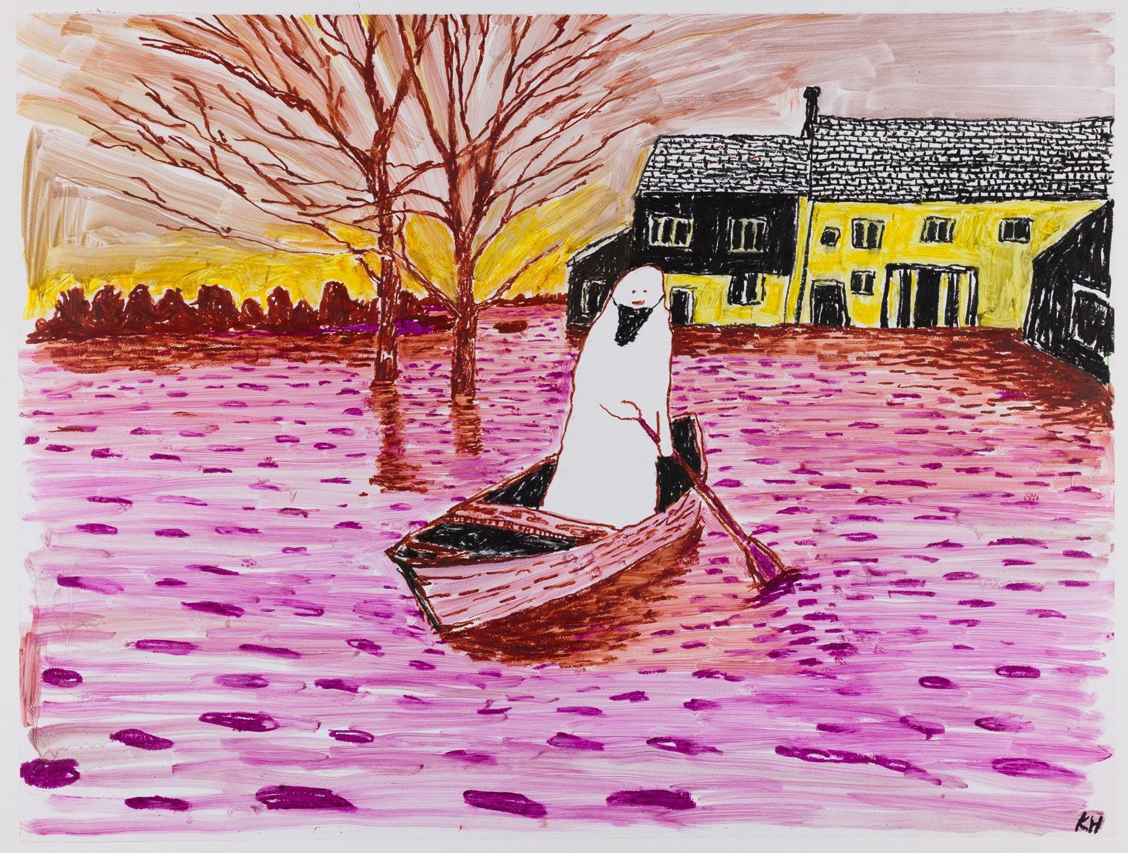 A painting of a ghost in a boat in a flooded area.