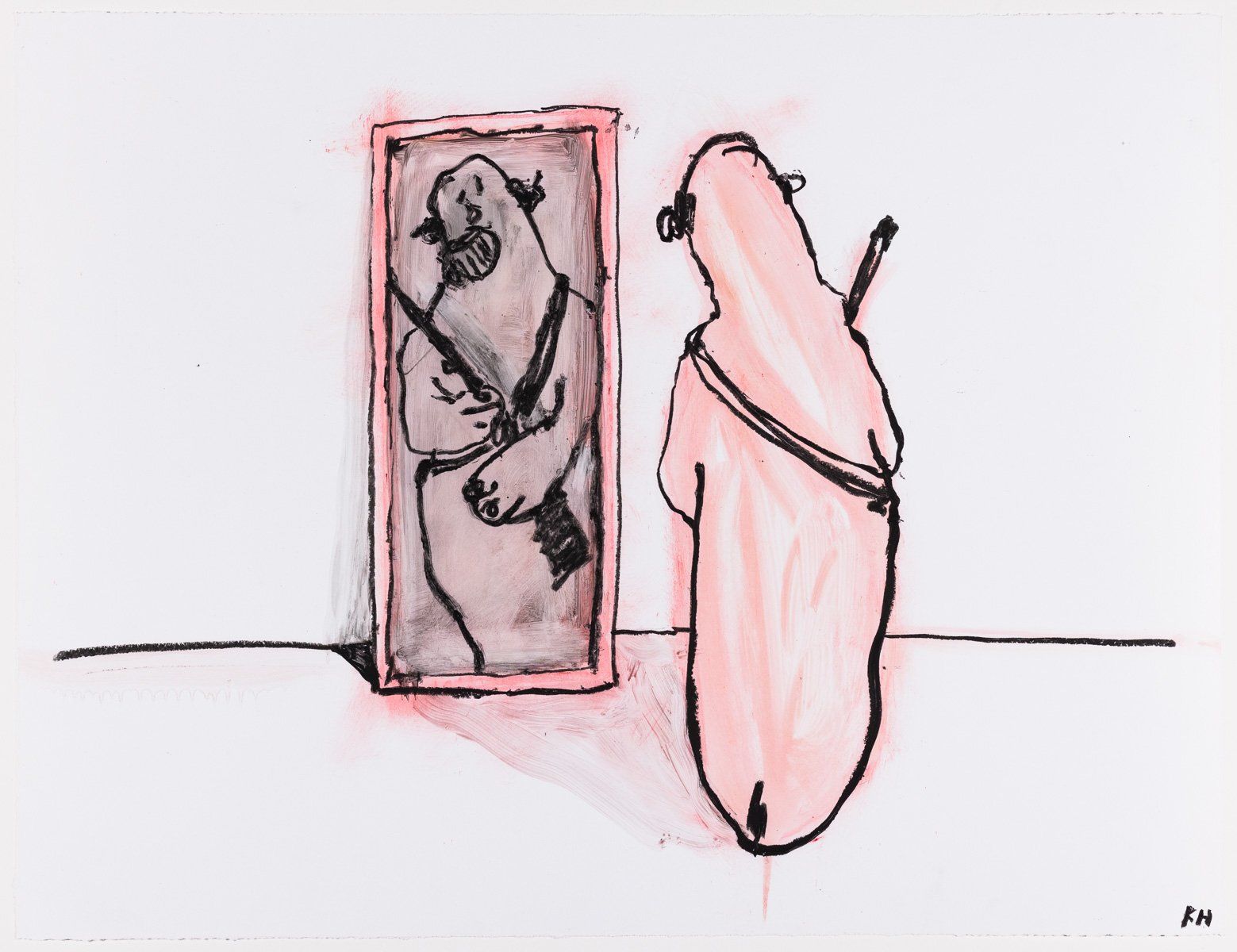 A drawing of a person looking at their reflection in a mirror