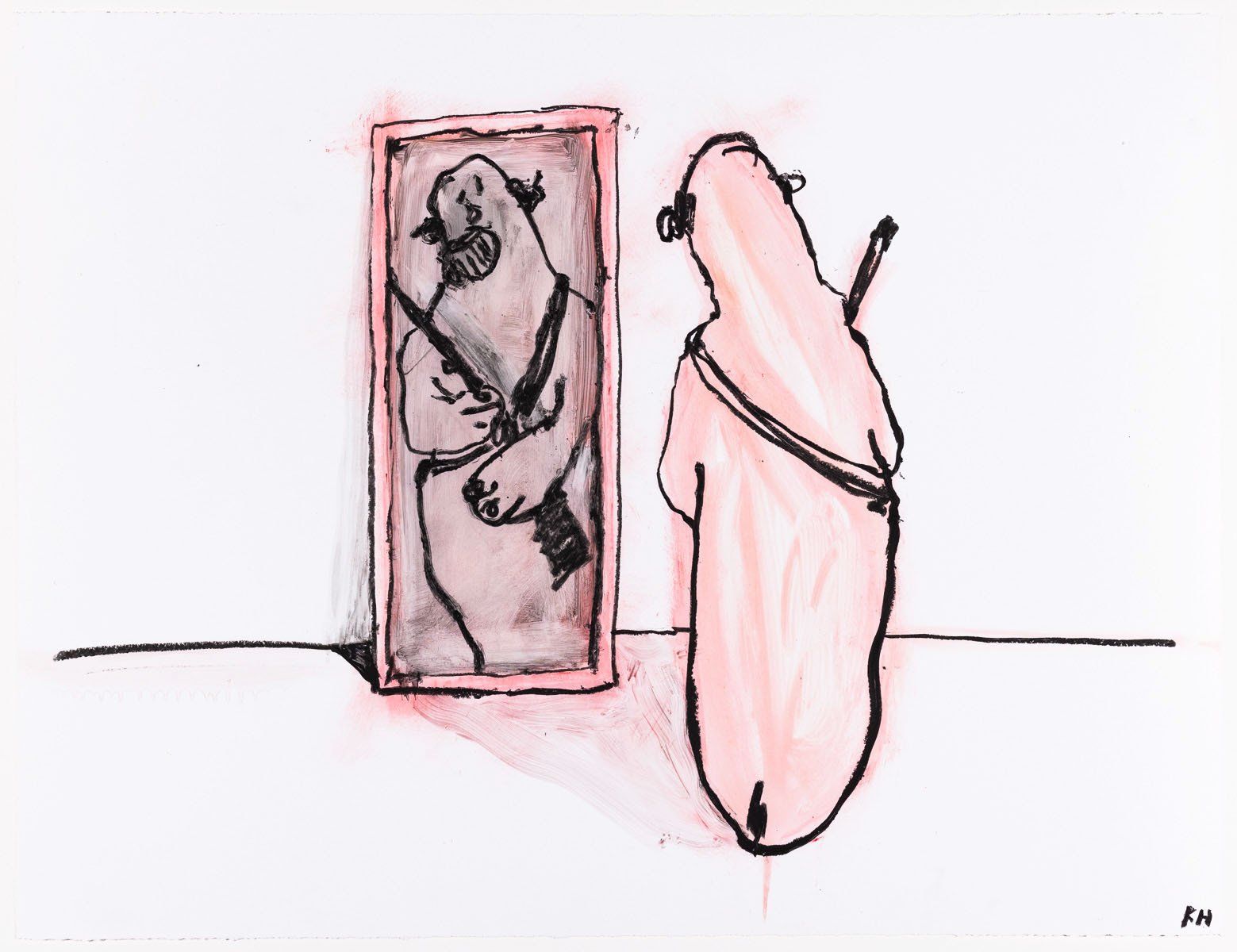 A drawing of a person looking at their reflection in a mirror