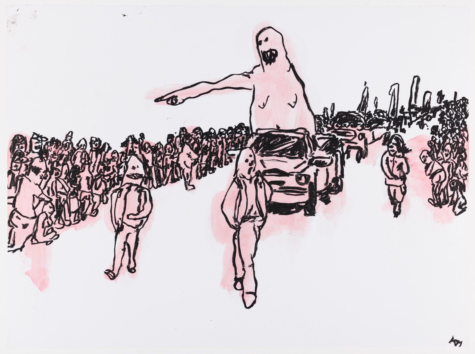 A drawing of a man pointing at a crowd of people
