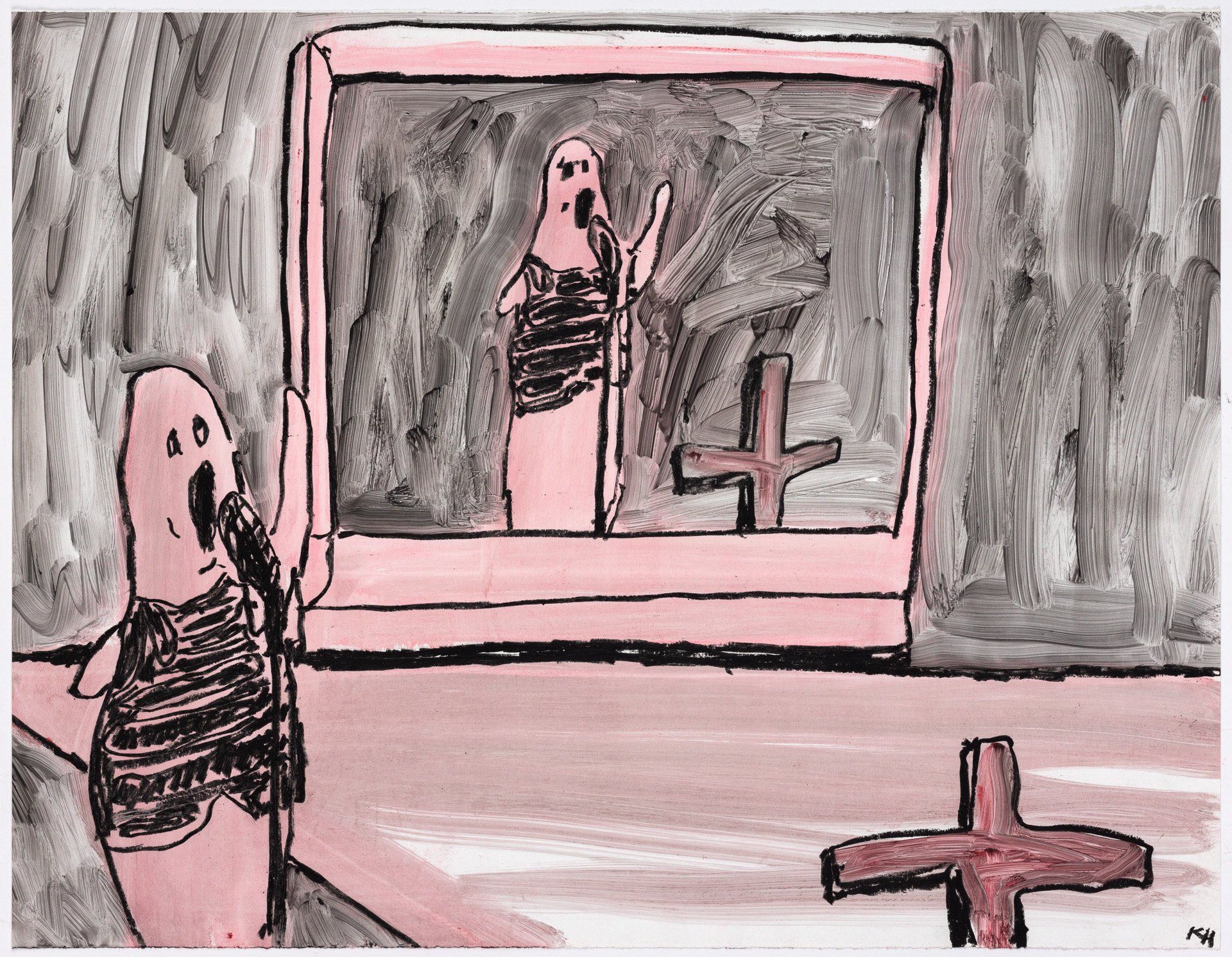 A drawing of a ghost looking at a picture of a cross