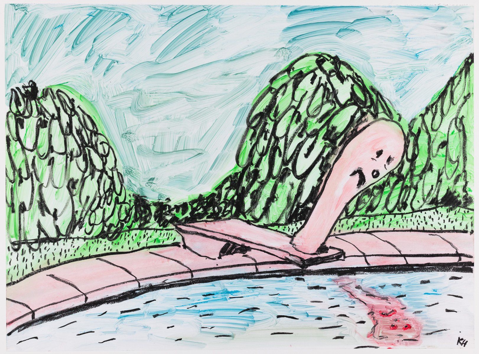 A drawing of a person swimming in a pool with mountains in the background.