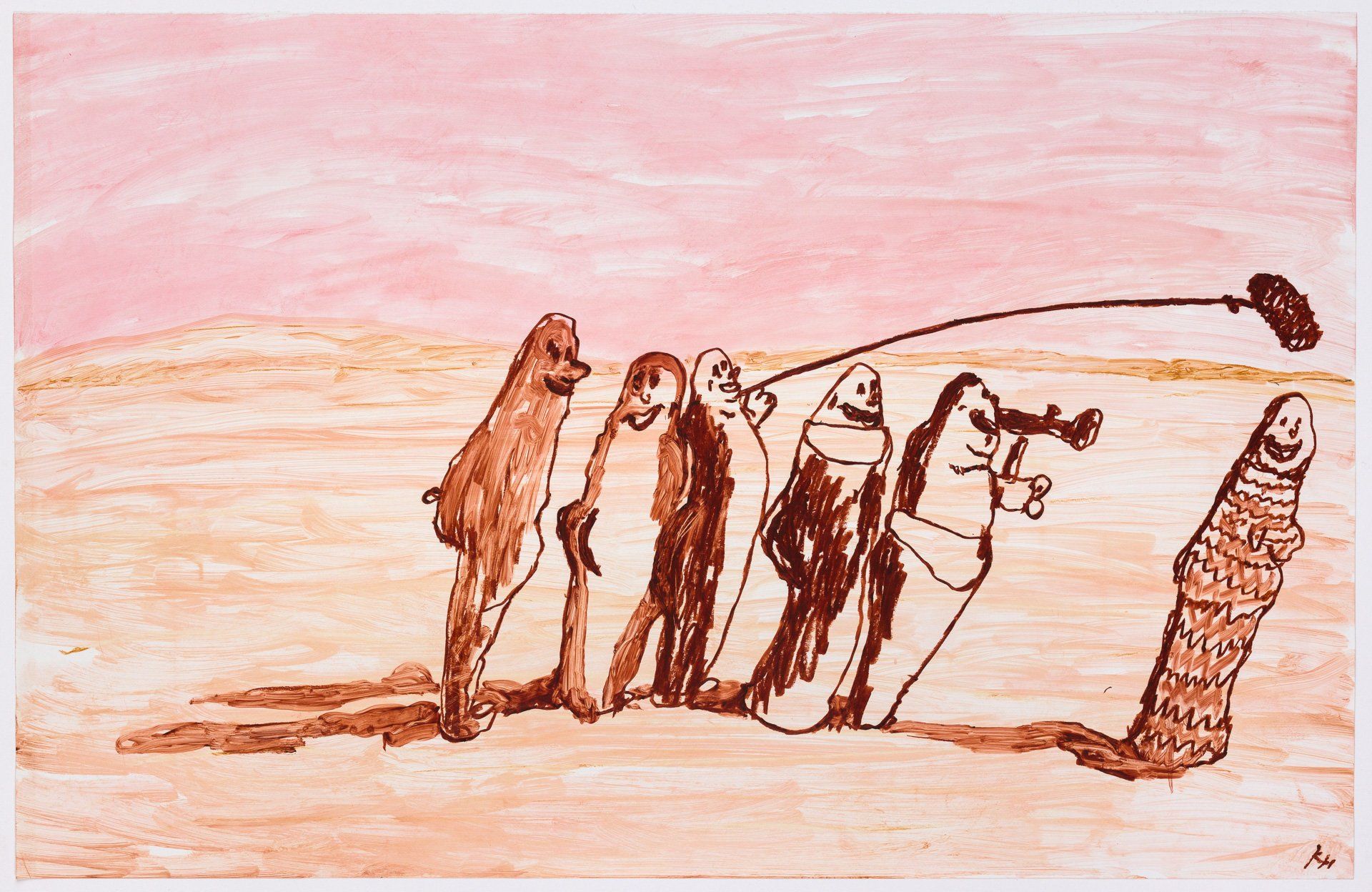 A drawing of a group of penguins in the desert