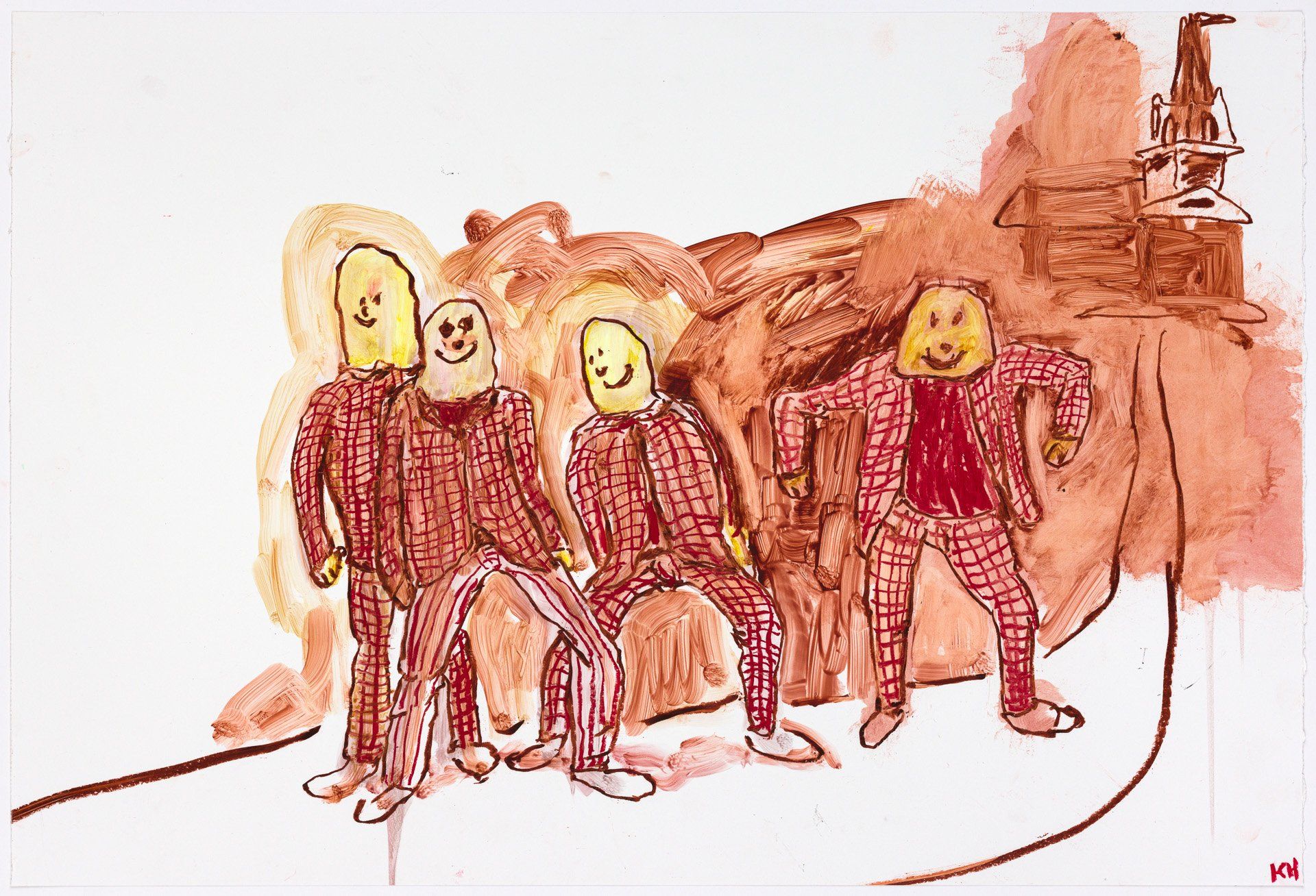 A drawing of a group of people with smiley faces on their faces.
