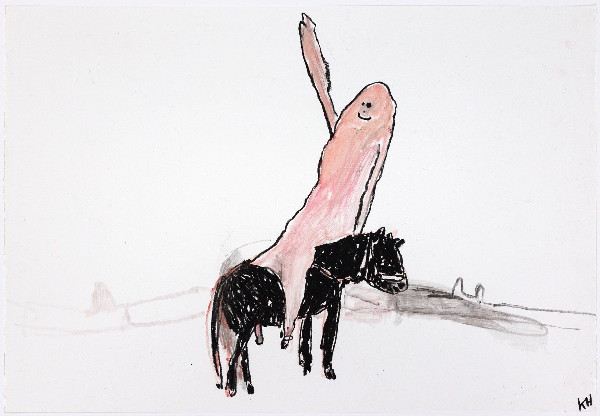 A drawing of a figure on a horse on a white background.
