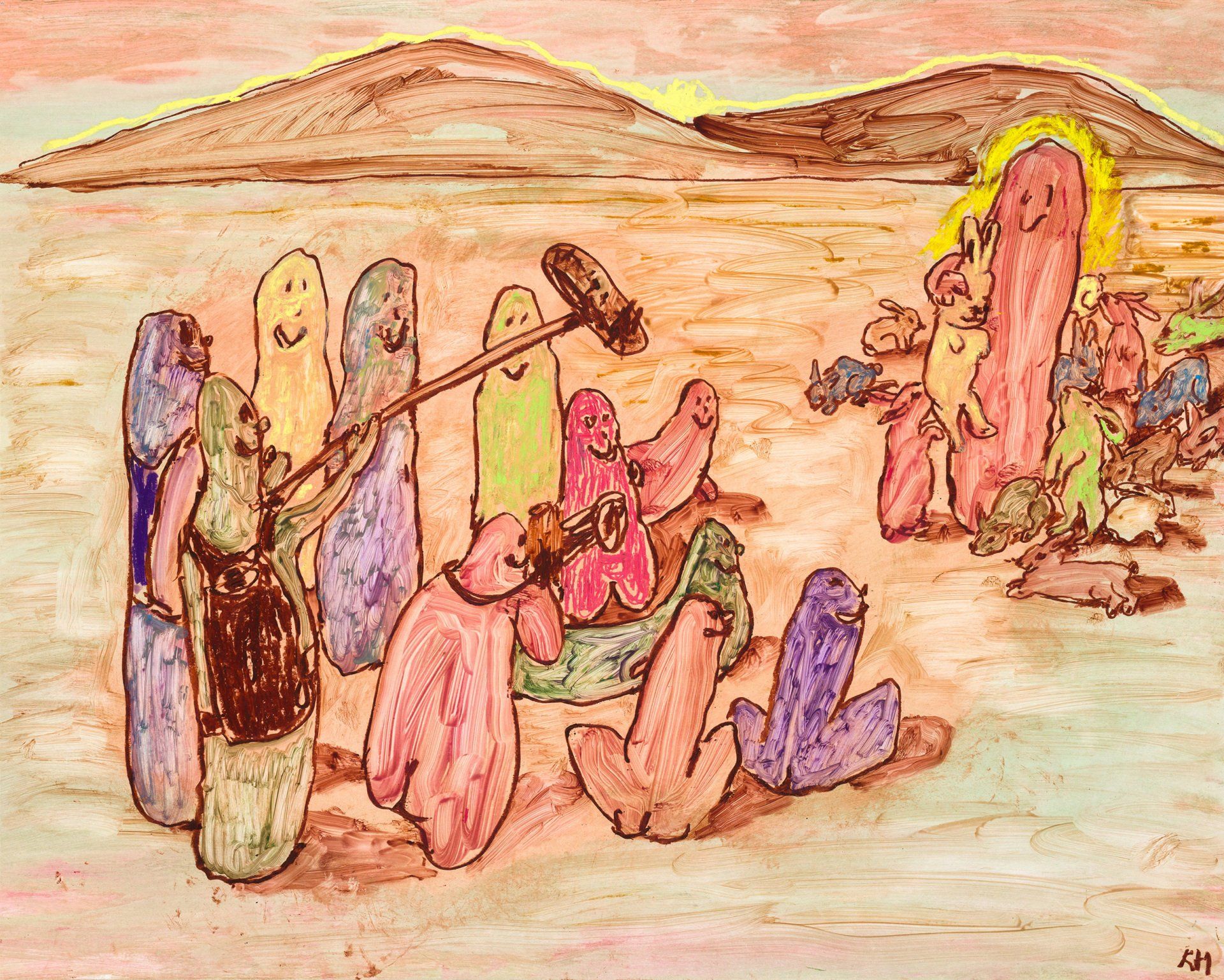 A painting of a group of spongebob characters on a beach.