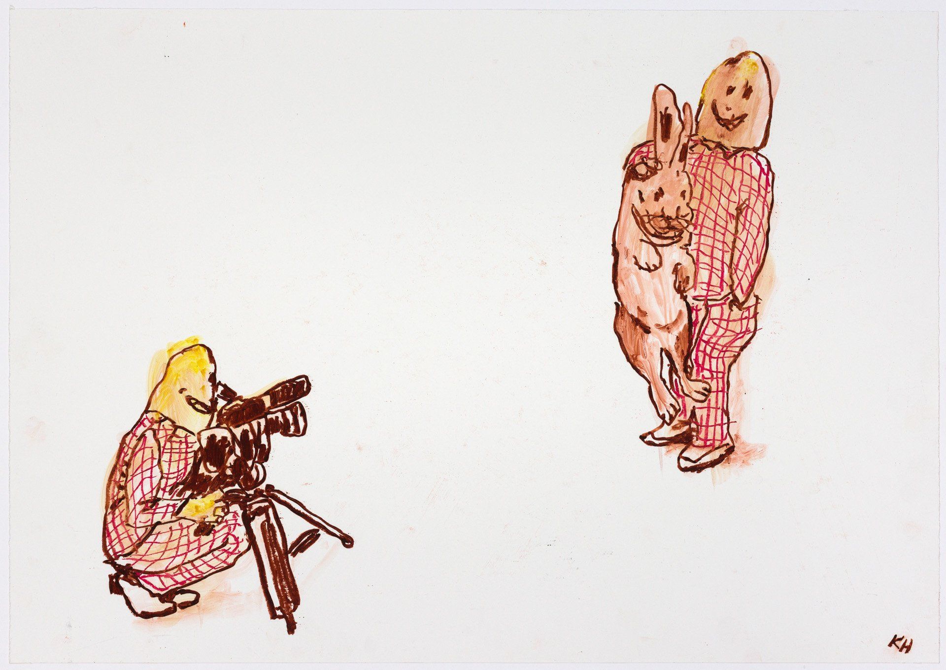 A drawing of a person being photographed wearing suits.