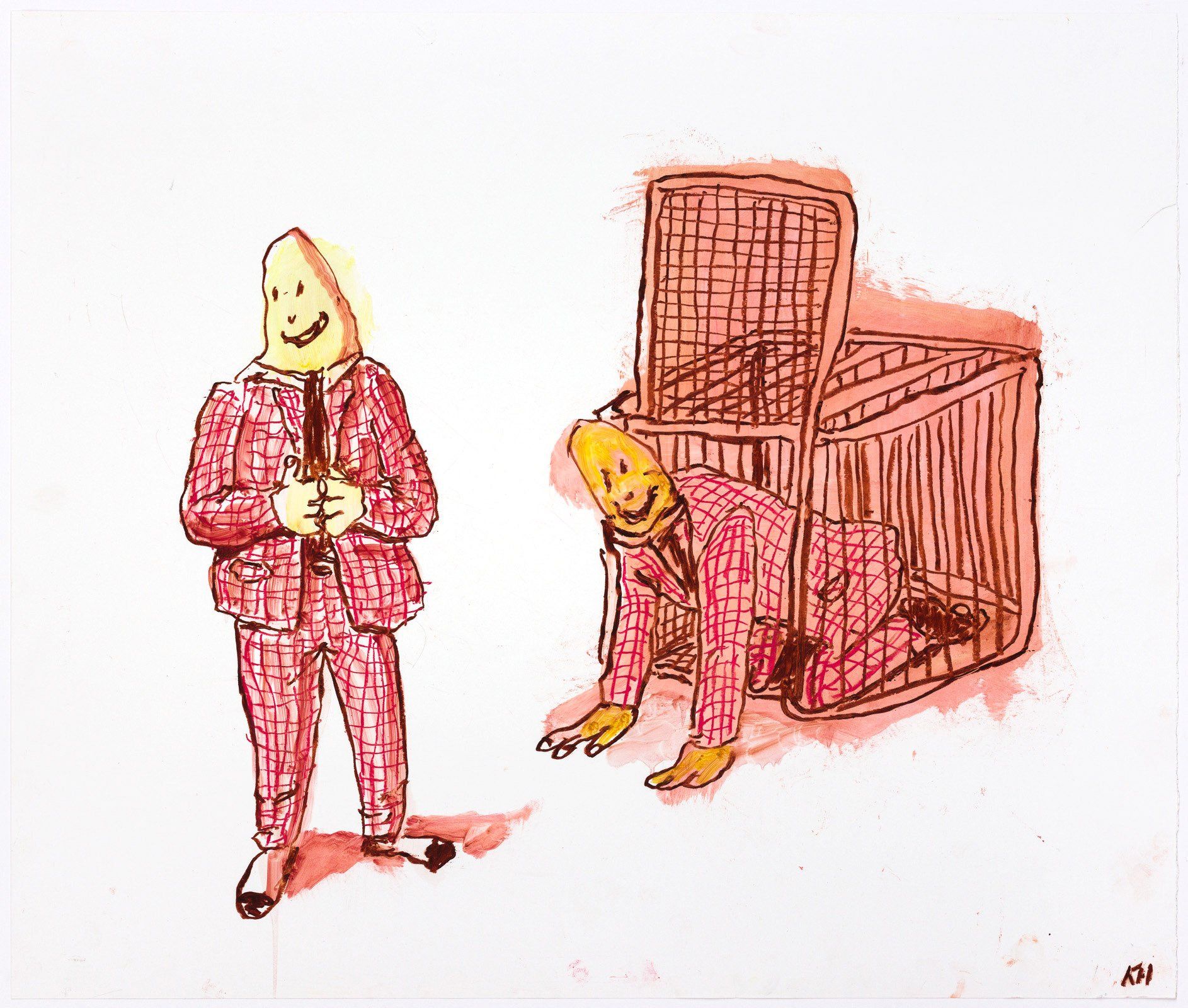 A man in a suit is standing next to a man in a cage.