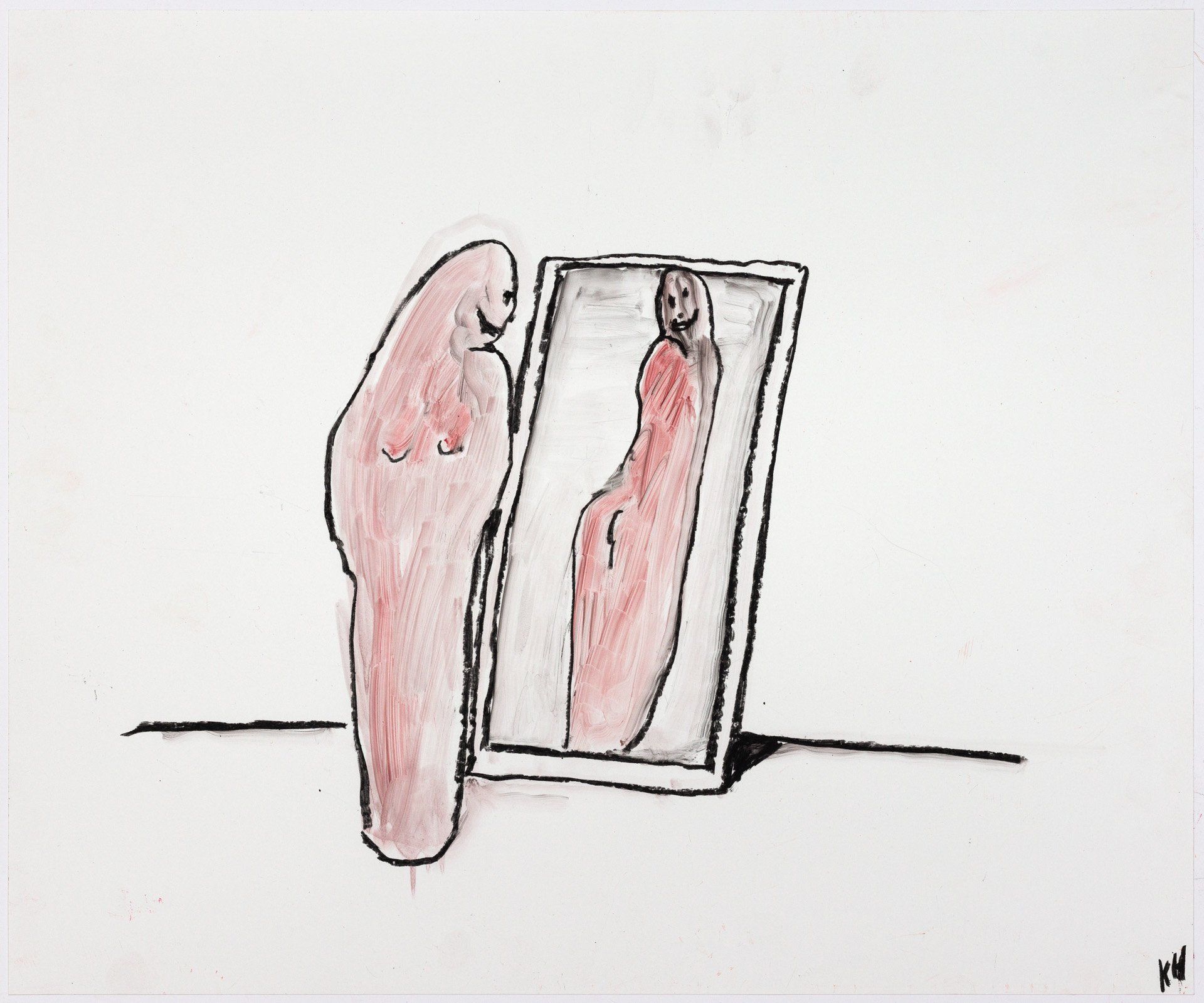 A drawing of a person looking at their reflection in a mirror.