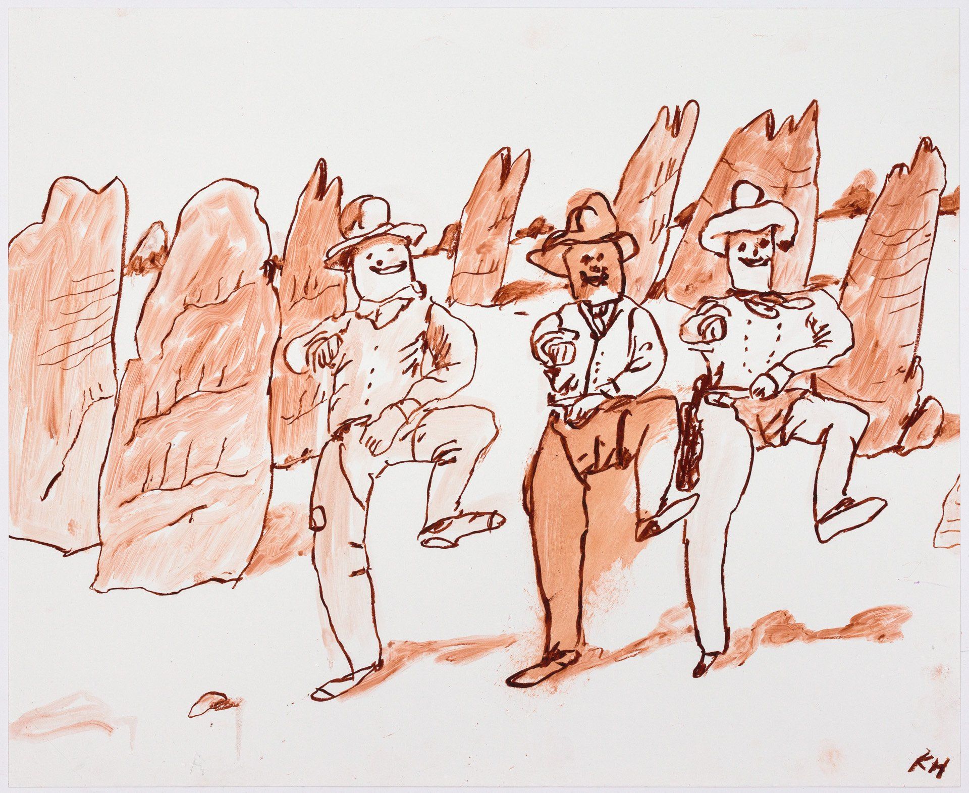 A drawing of three men in cowboy hats with the letter k on the bottom