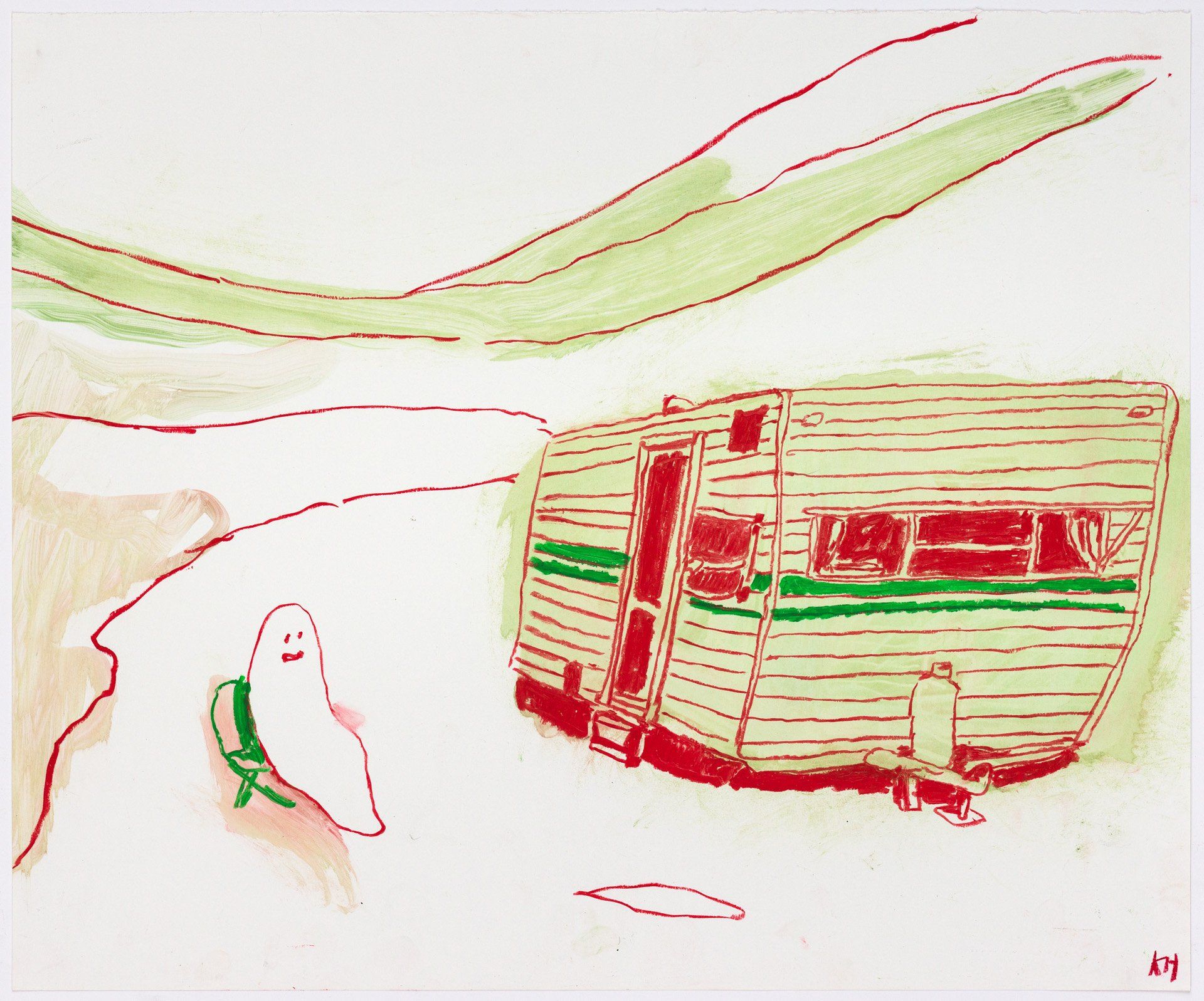 A drawing of a camper with a ghost in front of it