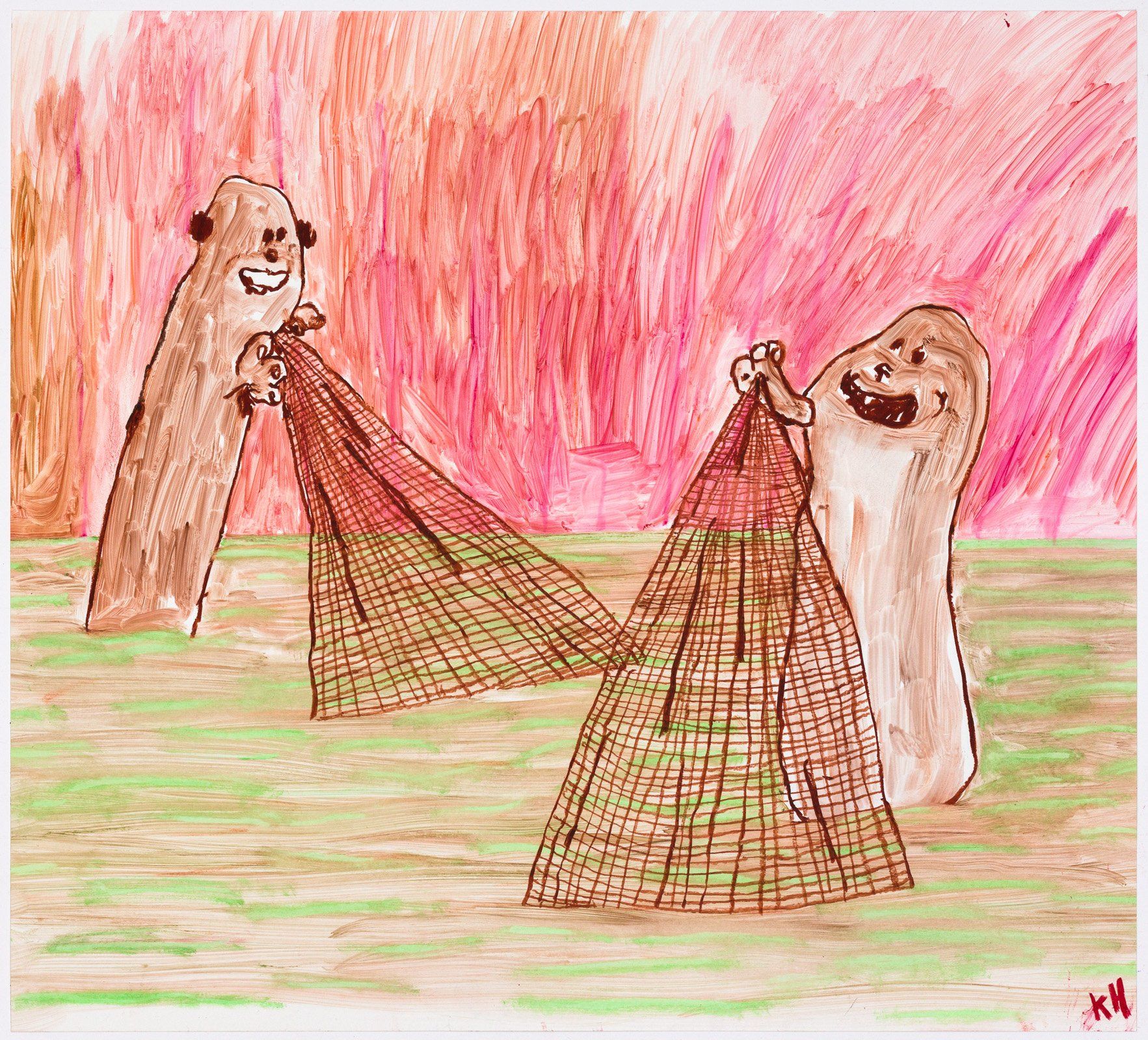 A child 's drawing of two squirrels holding nets in a field.