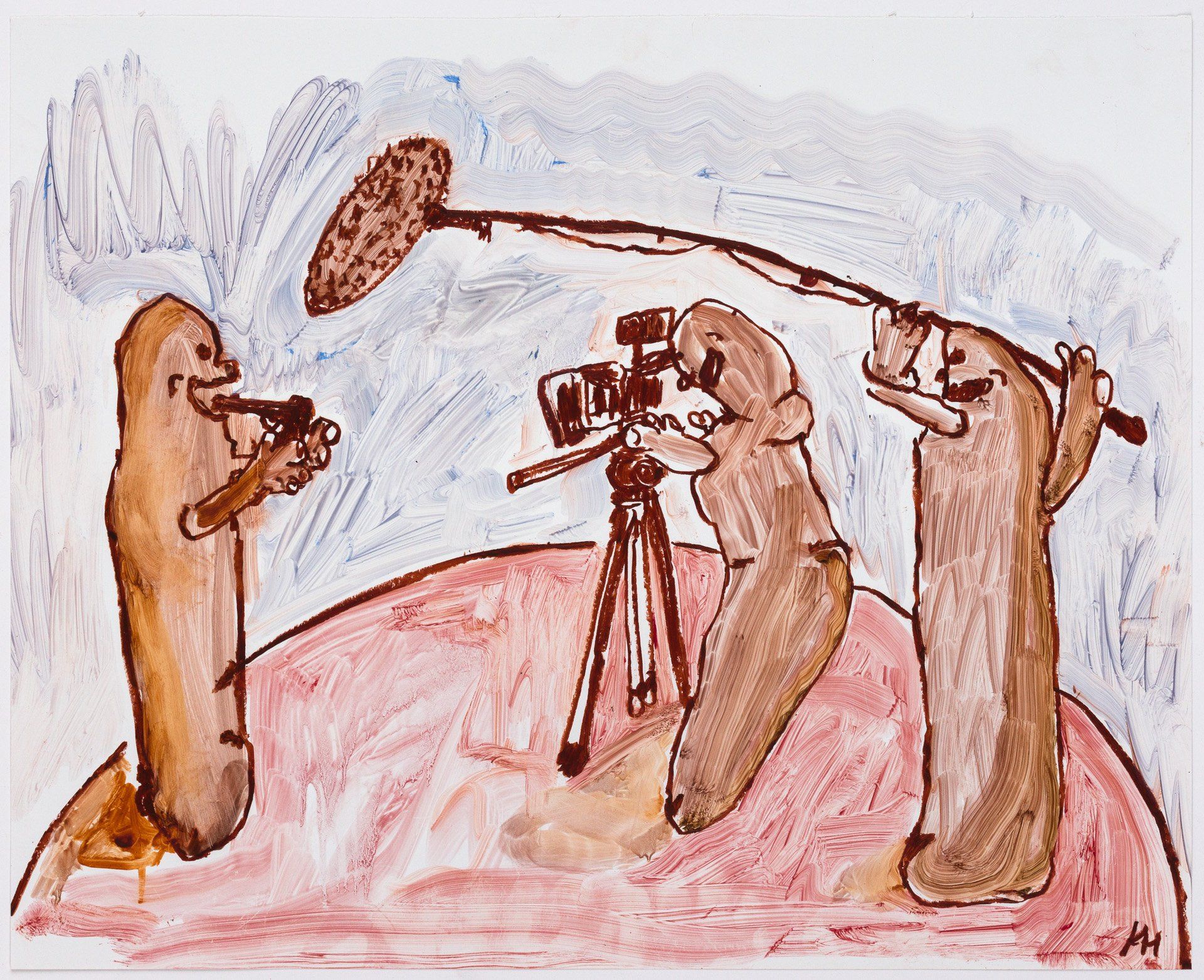 A drawing of a man holding a microphone and a camera