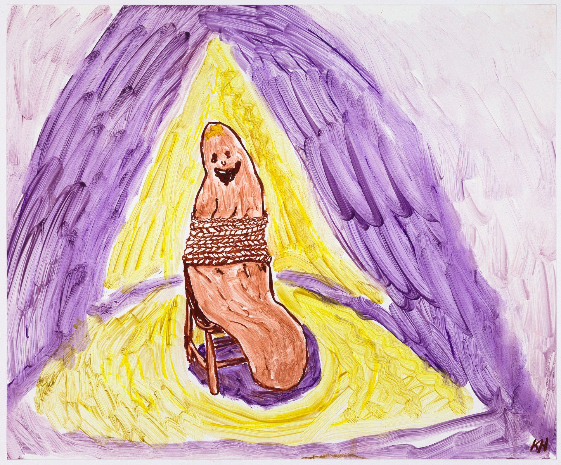 A painting of a person tied up in a chair