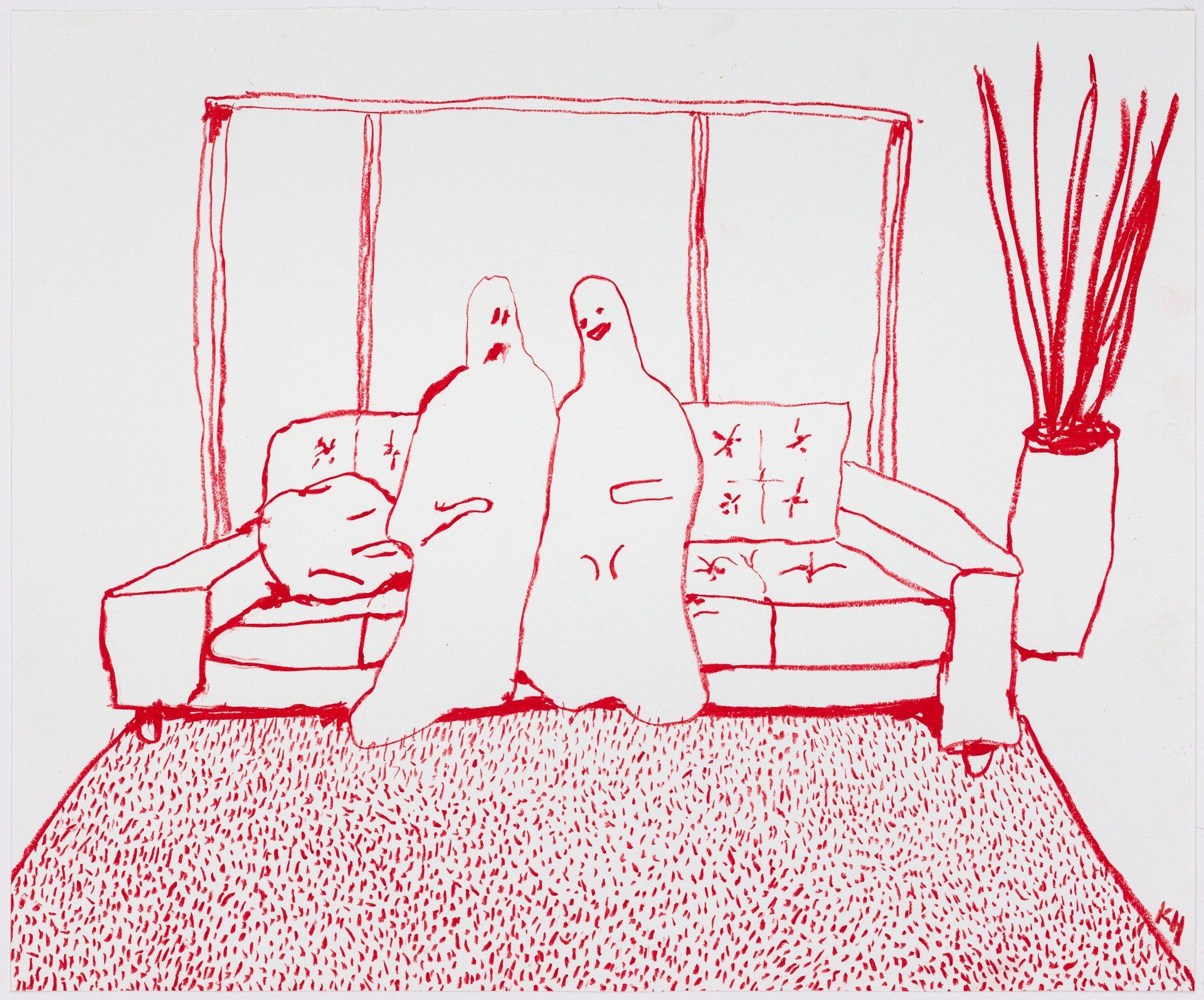 A drawing of two ghosts sitting on a couch