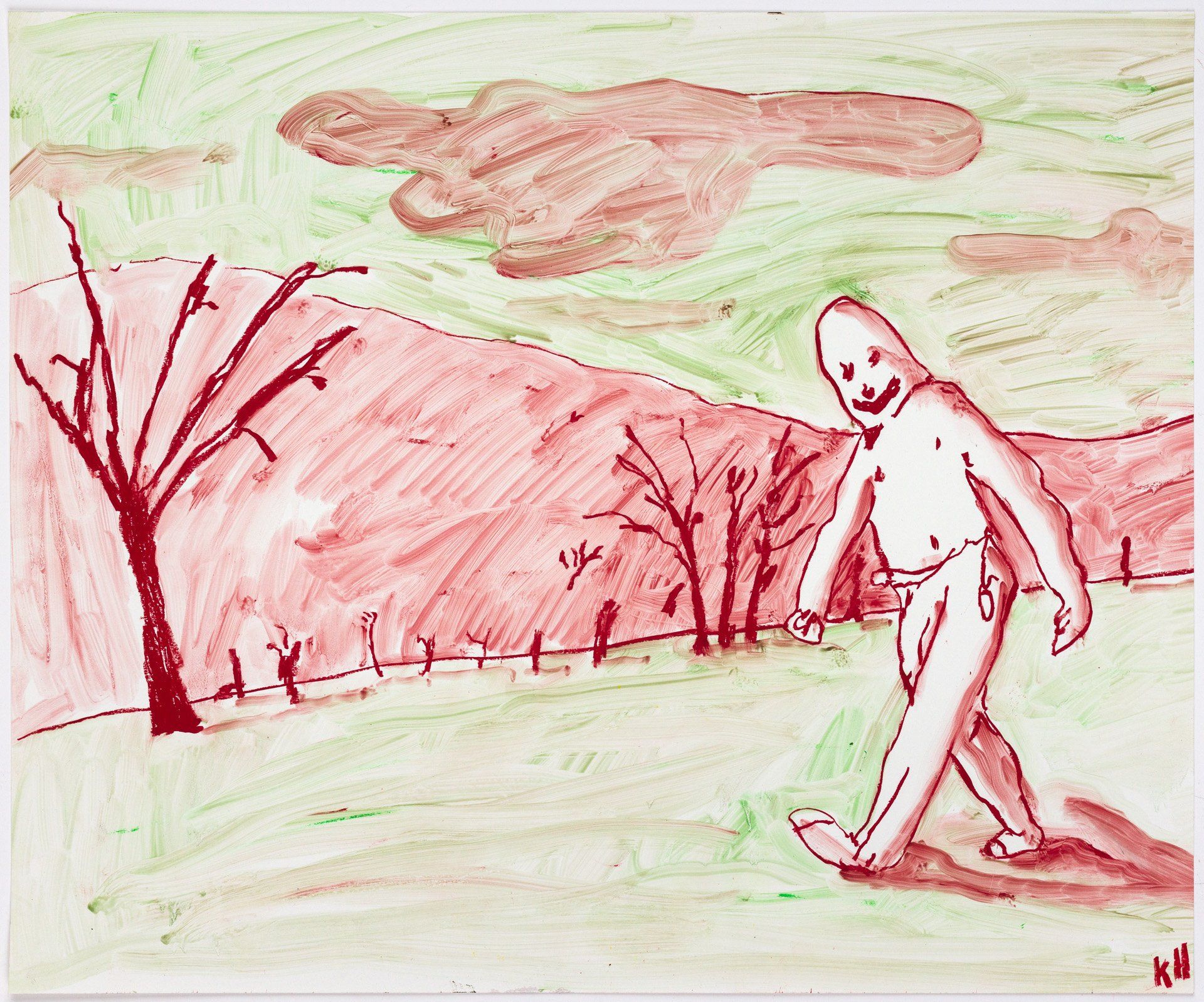 A drawing of a person walking through a green and red background.