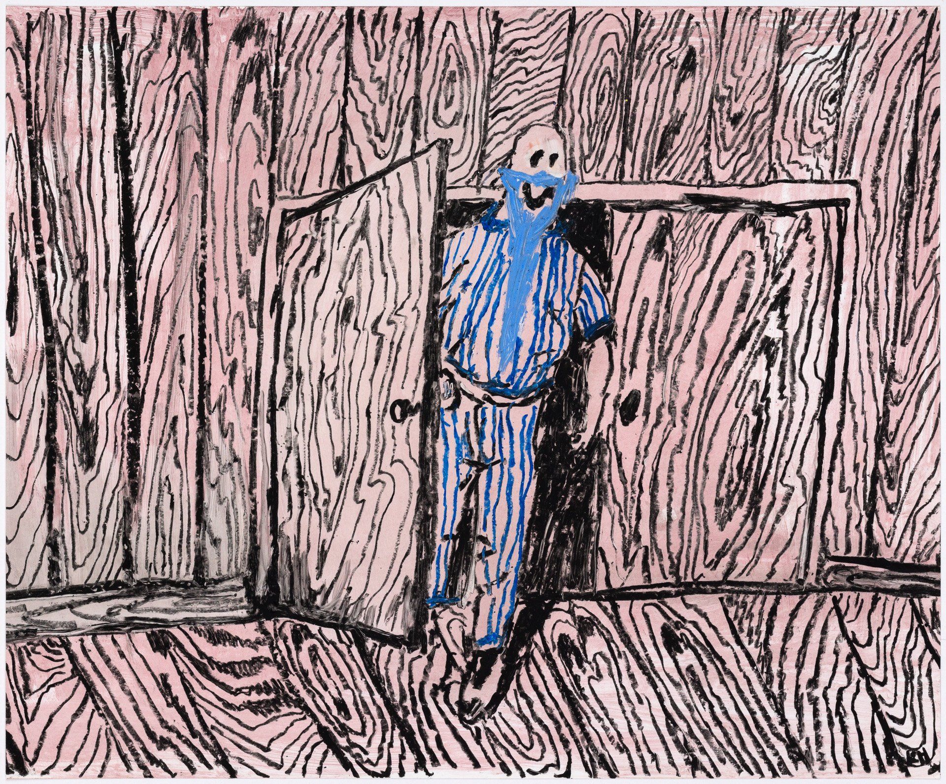 A drawing of a man in a blue shirt standing in a wooden room.