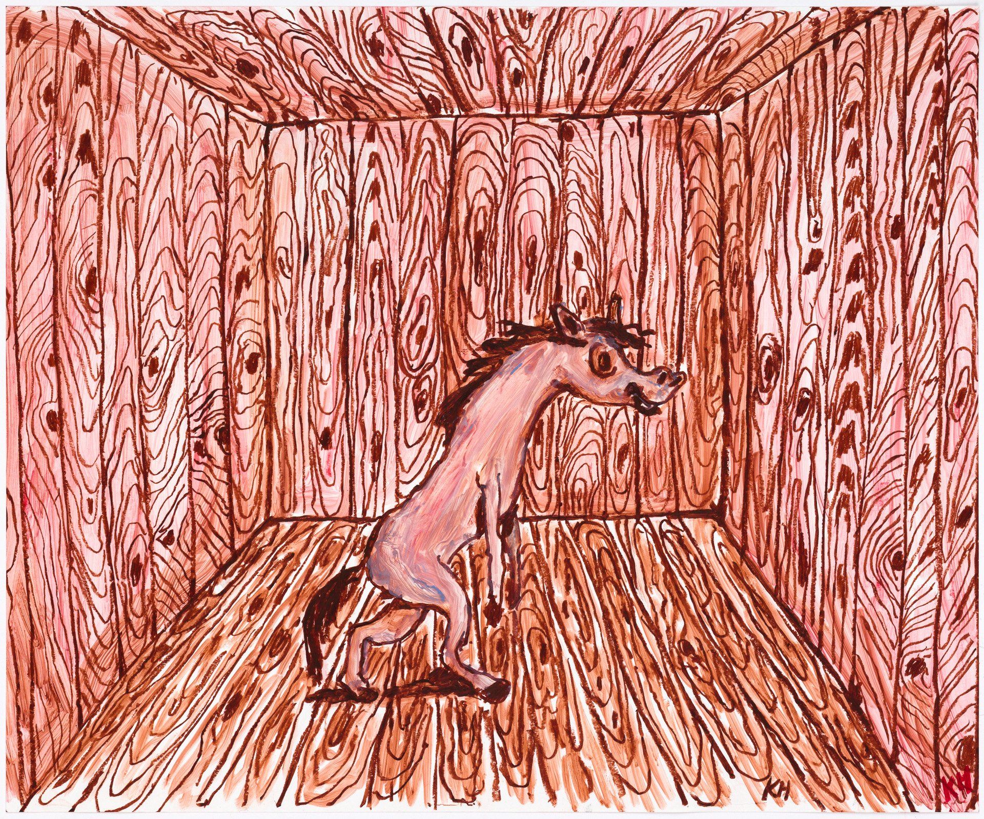 A drawing of a horse standing in a wooden room.