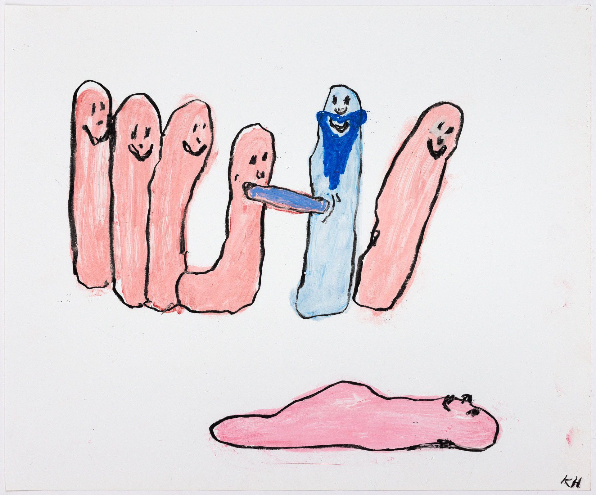A child 's drawing of worms with faces on them