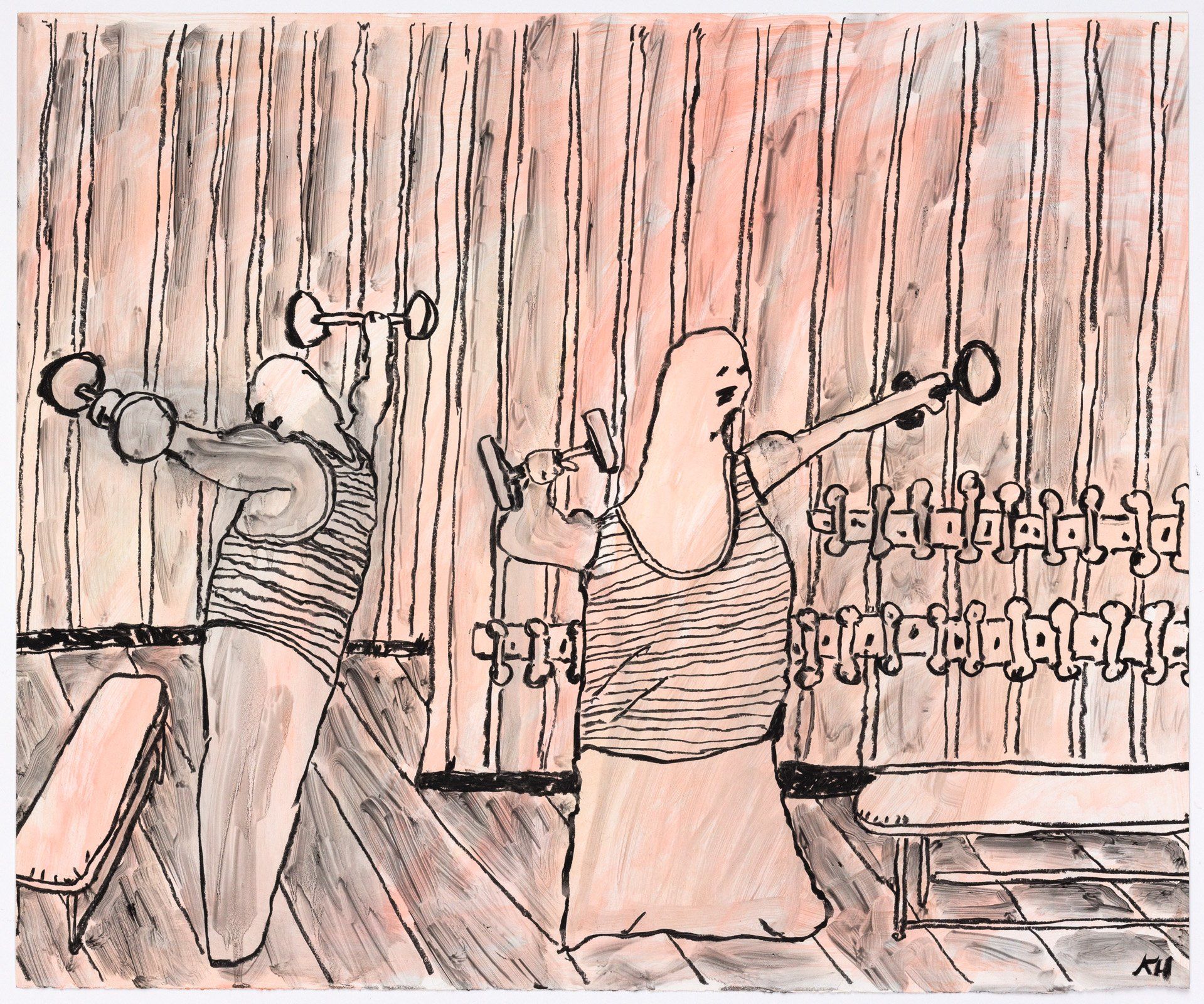 A drawing of two men lifting weights in a gym