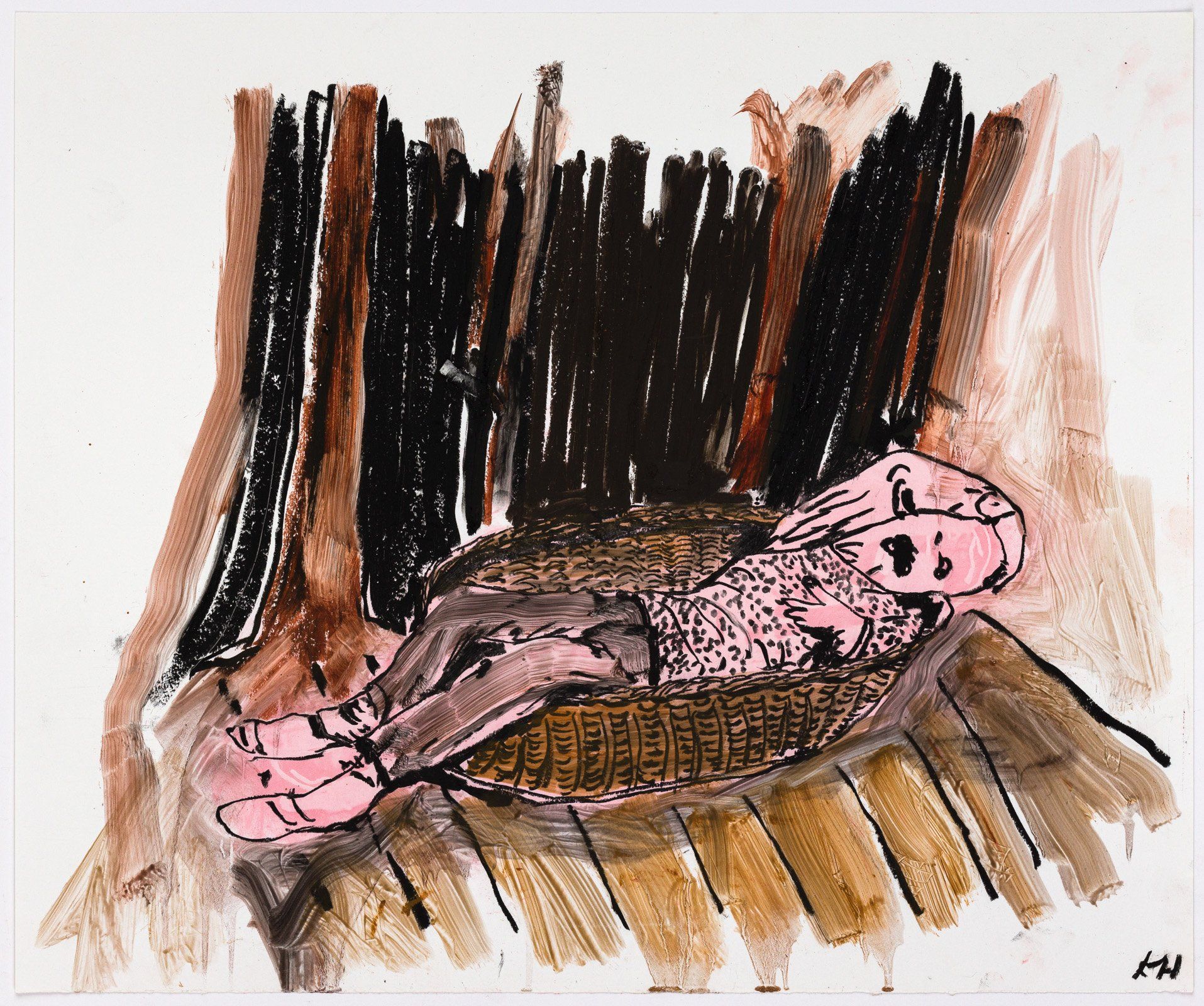 A drawing of a person laying on a wooden floor