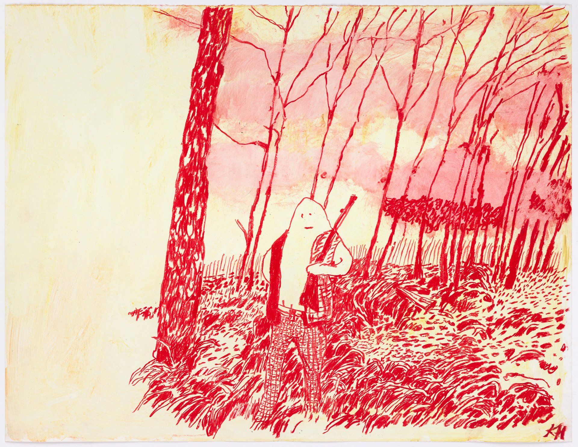 A drawing of a person playing a guitar in a forest