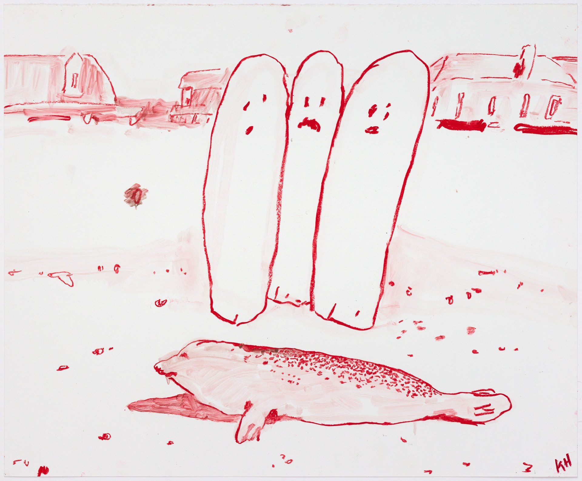 A drawing of a seal with three ghosts hanging over it