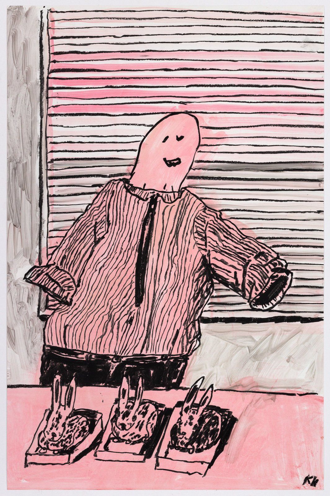 A drawing of a man standing next to three mouse traps.