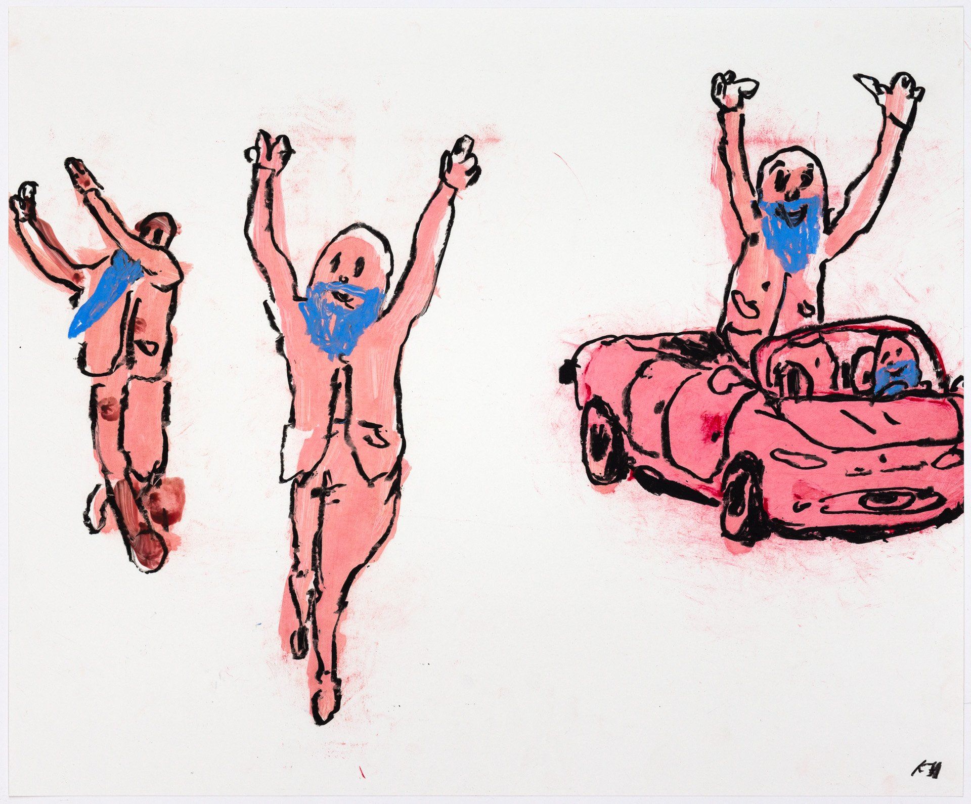A drawing of a man in a car with his arms in the air