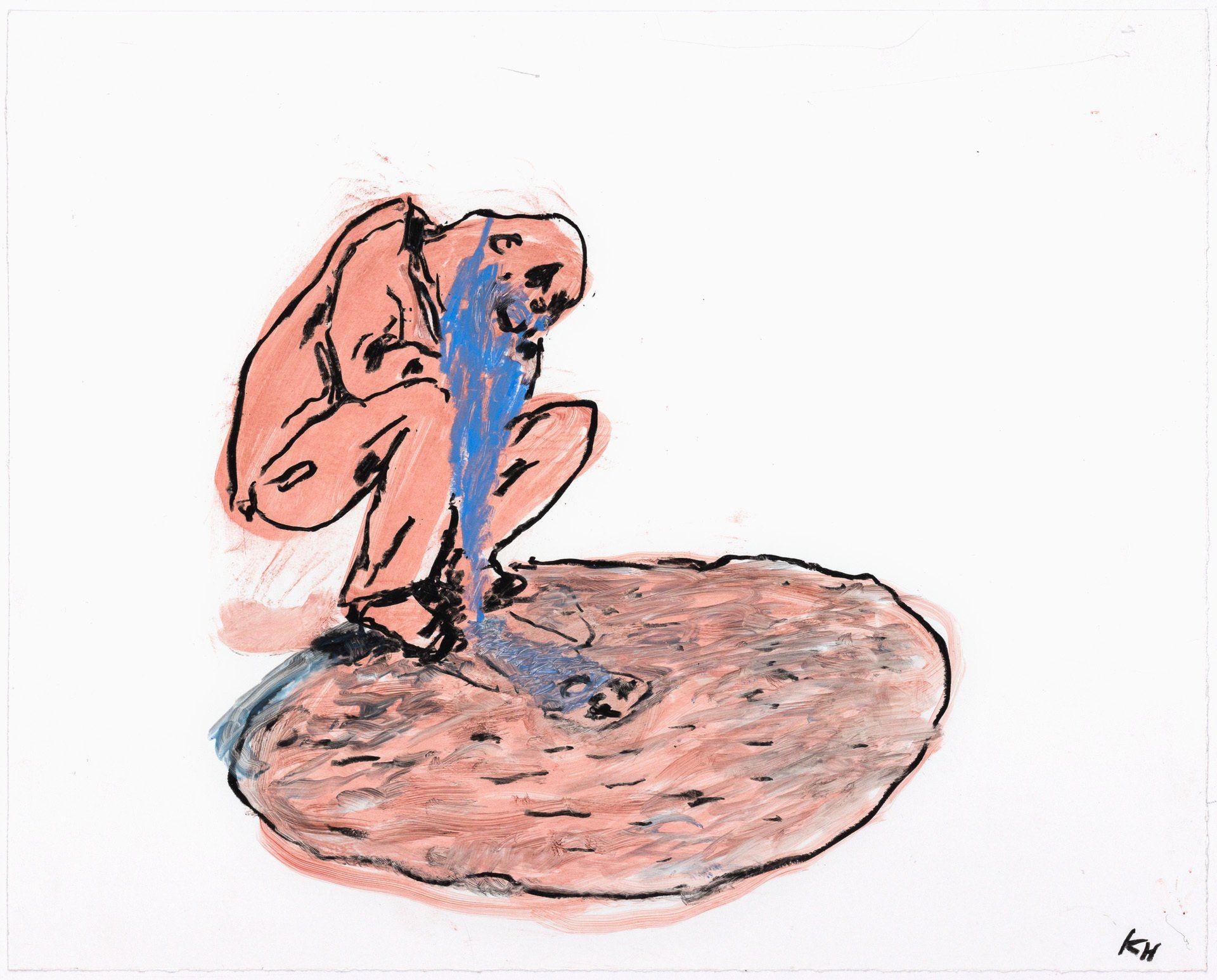 A drawing of a man squatting on a pile of dirt.