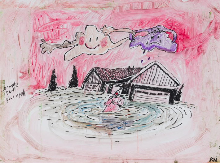 Kathleen Henderson, Empty Shell Pineapple, 2025. A painting of a smiling ghost holding a purple pitcher in the sky above a flooded house with a swimmer. 19.5 x 26 inches. Track 16 Gallery, Los Angeles.